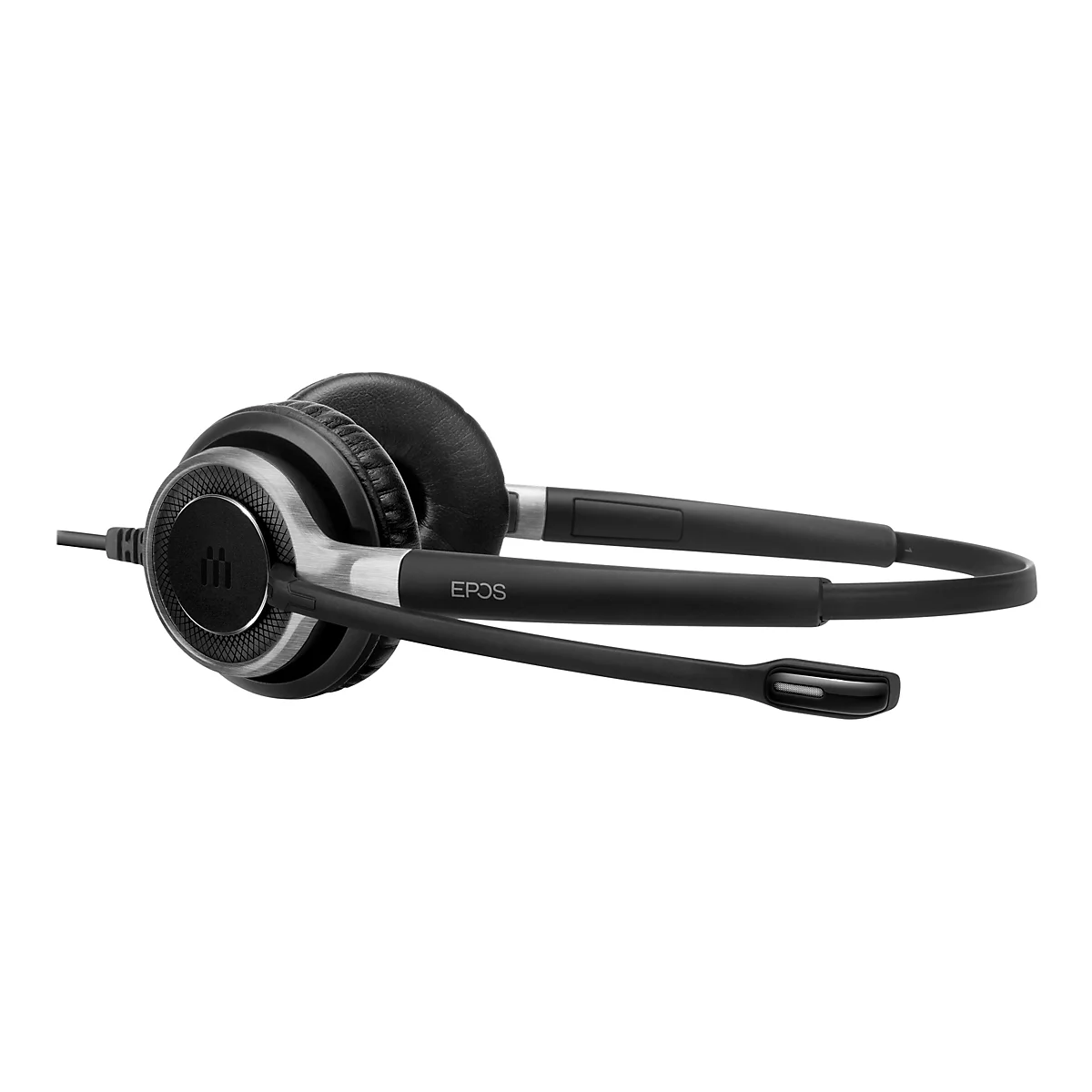 Schwarzes Headset mit Mikrofon auf weiÃŸem Hintergrund. Der Name EPOS ist deutlich sichtbar.