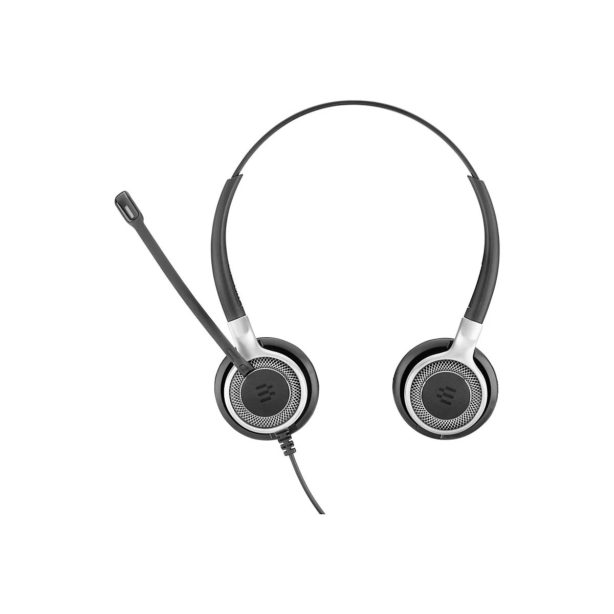 Ein Headset auf weiÃŸem Hintergrund. Das Headset ist schwarz und silberfarben und hat einen Mikrofonarm.