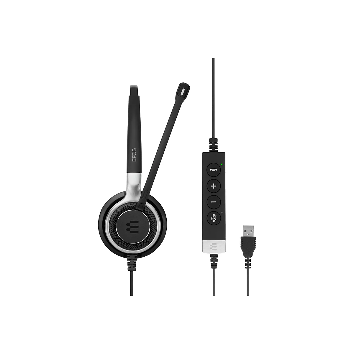 Ein schwarzes Headset mit Mikrofon und USB-Anschluss. Es ist einseitig, mit einem Bedienfeld fÃ¼r LautstÃ¤rke und Stummschaltung.
