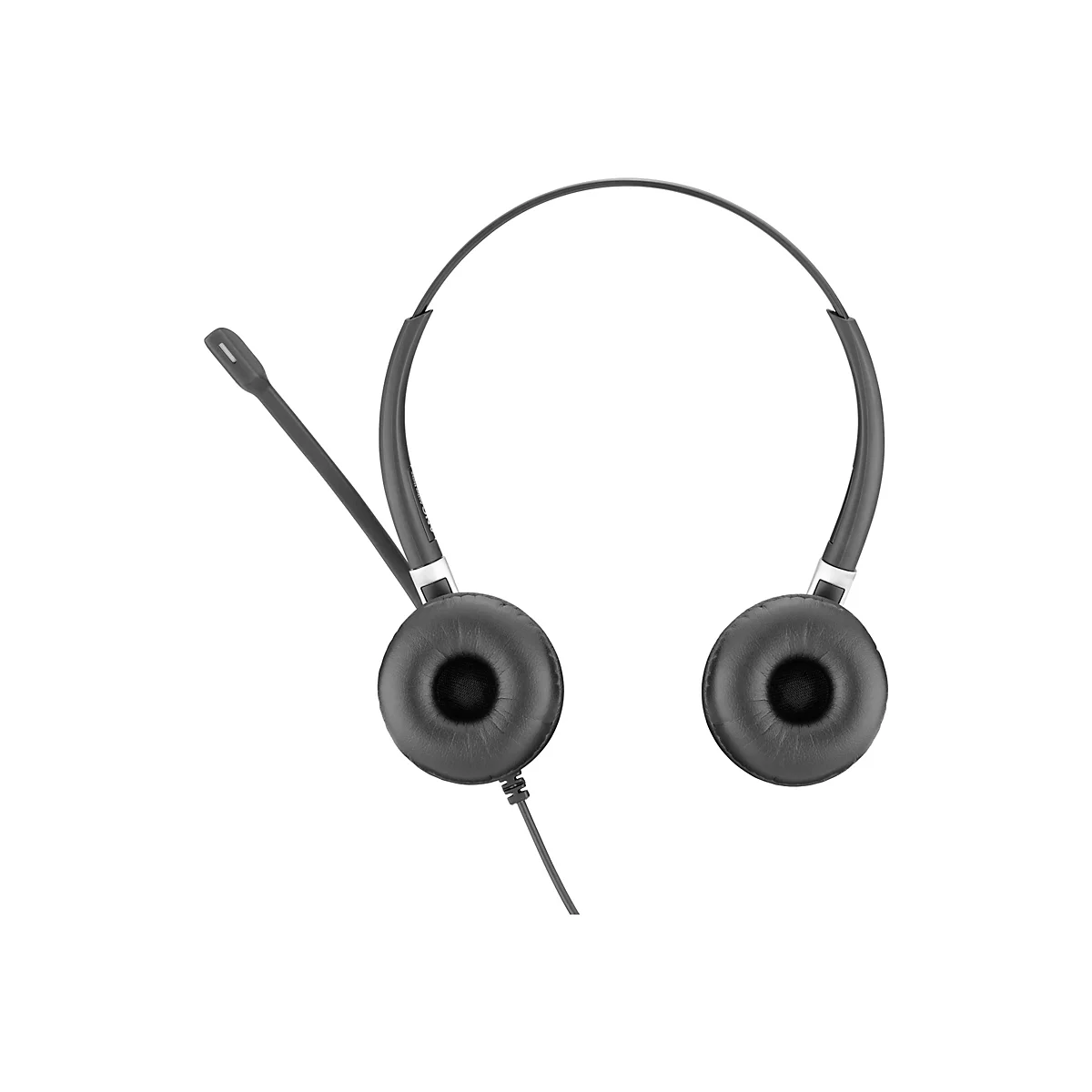Schwarzes Headset mit Mikrofon, auf weiÃŸem Hintergrund.