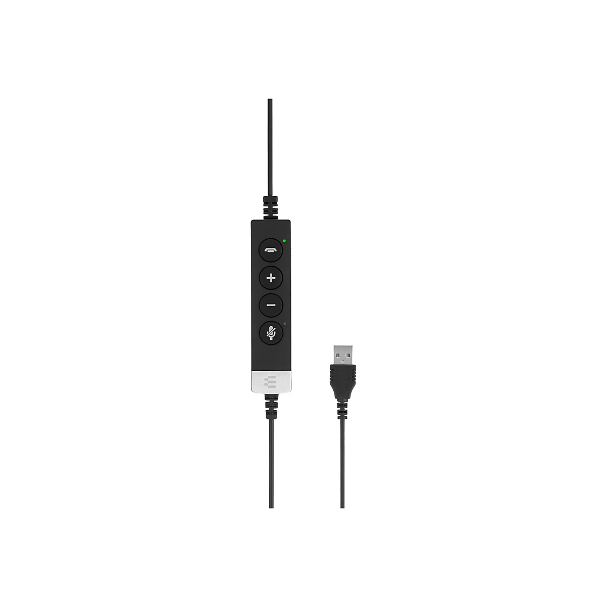 Nahaufnahme des schwarzen Bedienelements eines Headsets mit LautstÃ¤rke- und Mikrofonsteuerung sowie USB-Kabel.