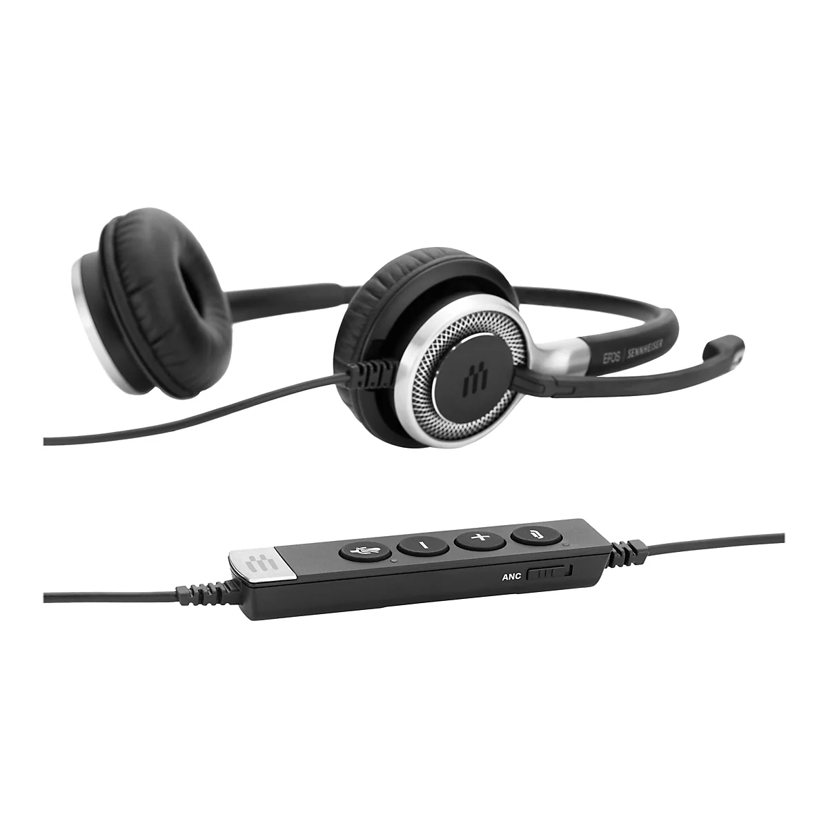 Schwarzes Headset mit Mikrofon und Inline-Fernbedienung auf weiÃŸem Hintergrund.
