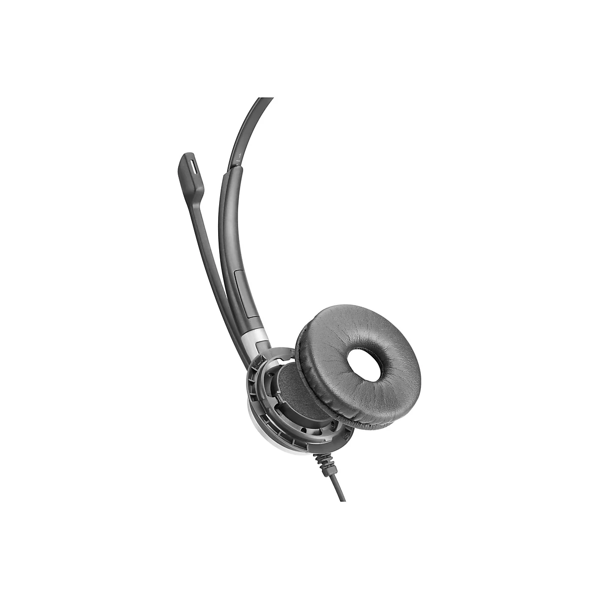 Graues Headset mit Mikrofon und Ohrpolstern. Ein Kabel hÃ¤ngt herunter.