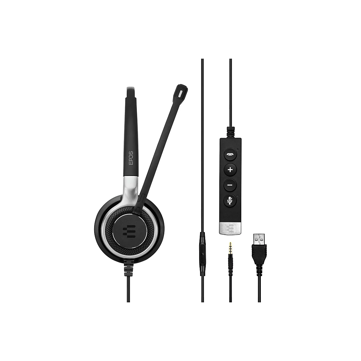 Schwarzes Headset mit Mikrofon, Kabel und USB-Anschluss.