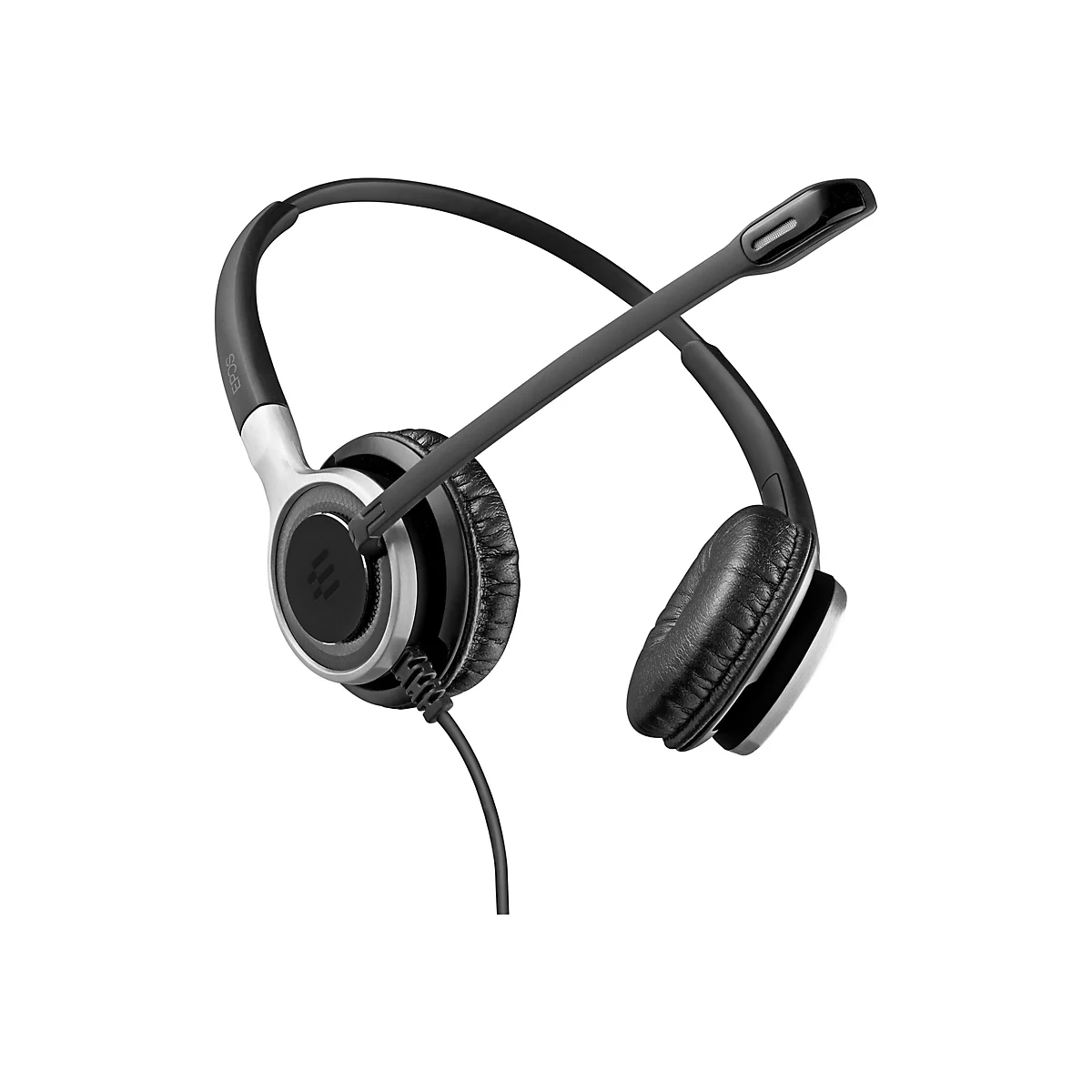 Ein schwarzes Headset mit Mikrofon, das vor weiÃŸem Hintergrund schwebt.