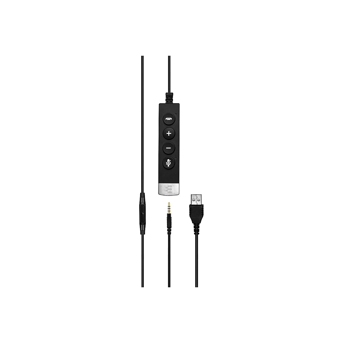 Schwarzes Headset-Kabel mit Fernbedienung, Klinken- und USB-Anschluss.
