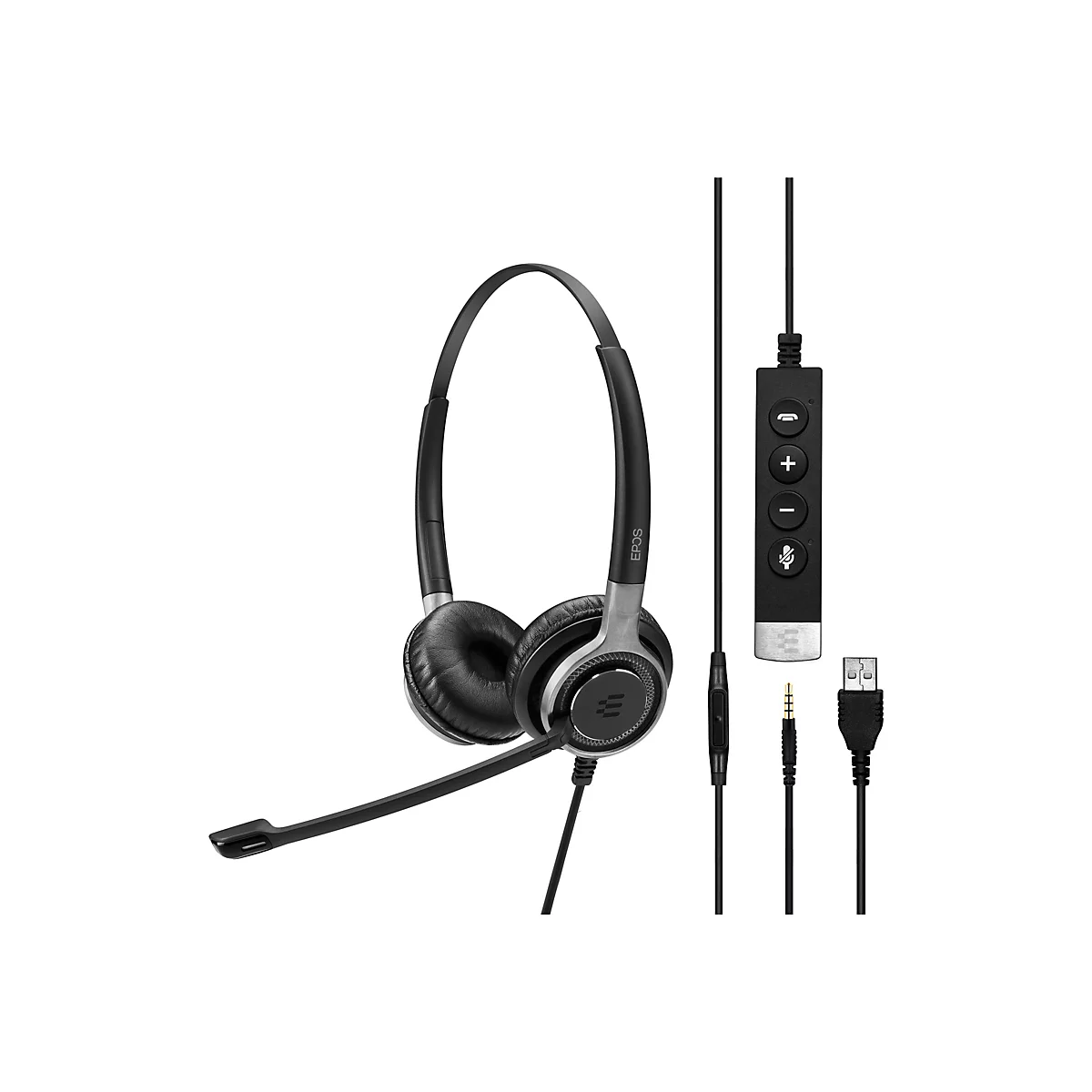 Schwarzes Headset mit Mikrofon, LautstÃ¤rkereglern und USB-Anschluss. Detailansicht des Produkts.