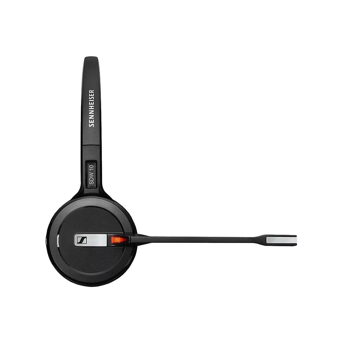Schwarzes Sennheiser Headset mit Mikrofon, Nahaufnahme vor weiÃŸem Hintergrund. Am BÃ¼gel steht Sennheiser, am Ohrpolster SDW 10.