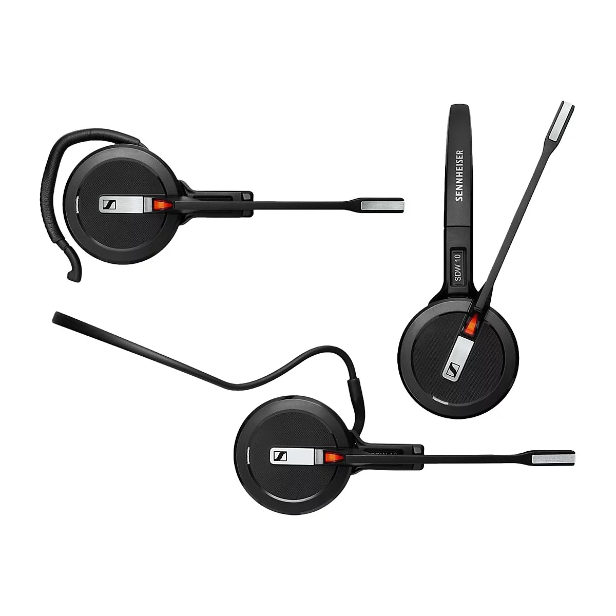 Mehrere Ansichten eines schwarzen Headsets von Sennheiser mit Mikrofon. Das Headset hat einen BÃ¼gel und ein lÃ¤ngliches Mikrofon.