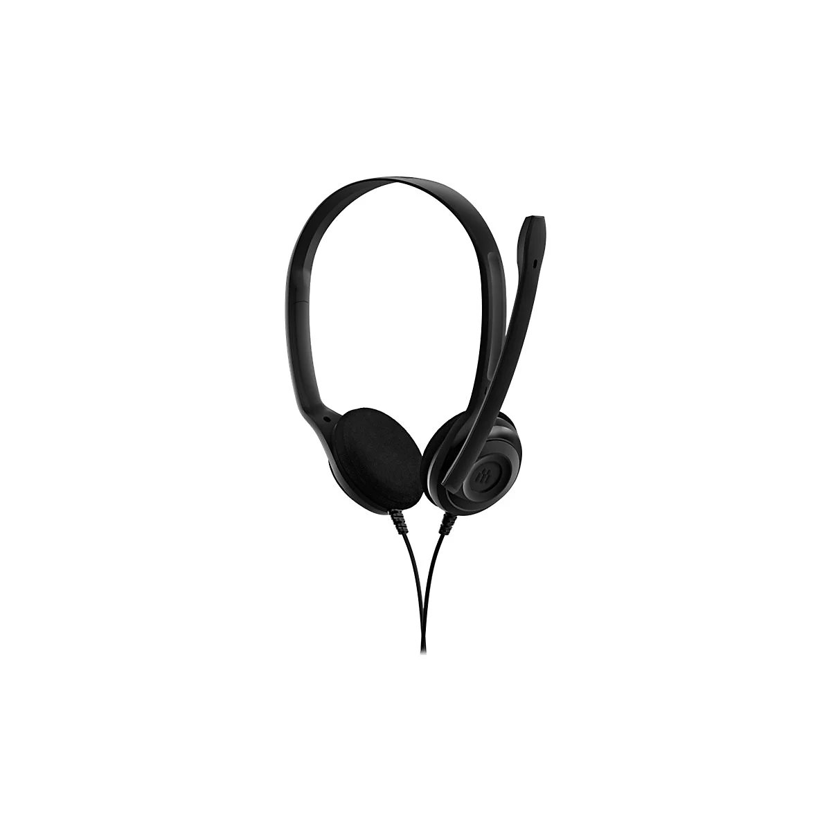 Schwarzes Headset auf weiÃŸem Hintergrund. Es hat einen BÃ¼gel und ein Mikrofon.