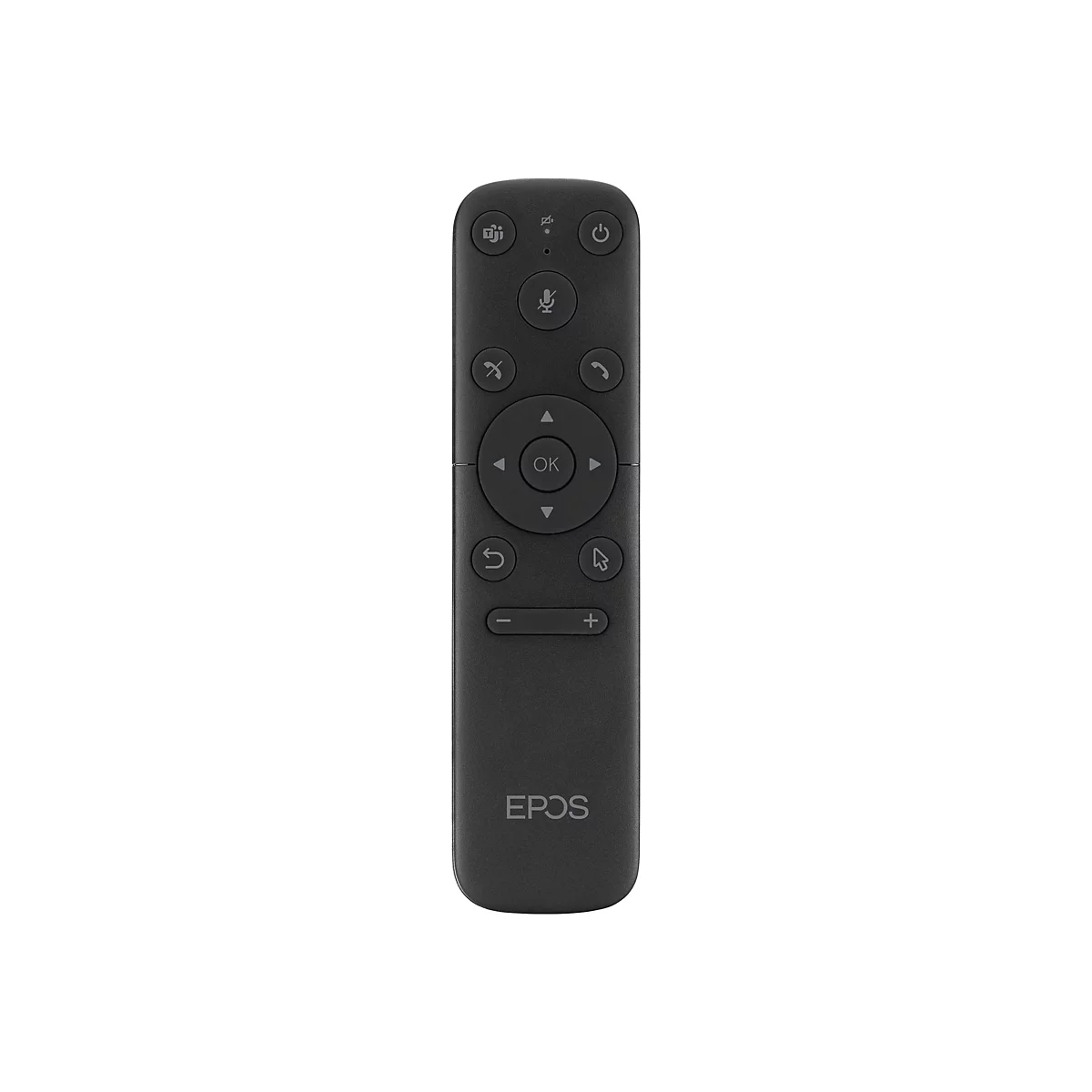 Schwarz Fernbedienung für Videokonferenzen. Mit vielen Tasten und dem Logo EPOS.