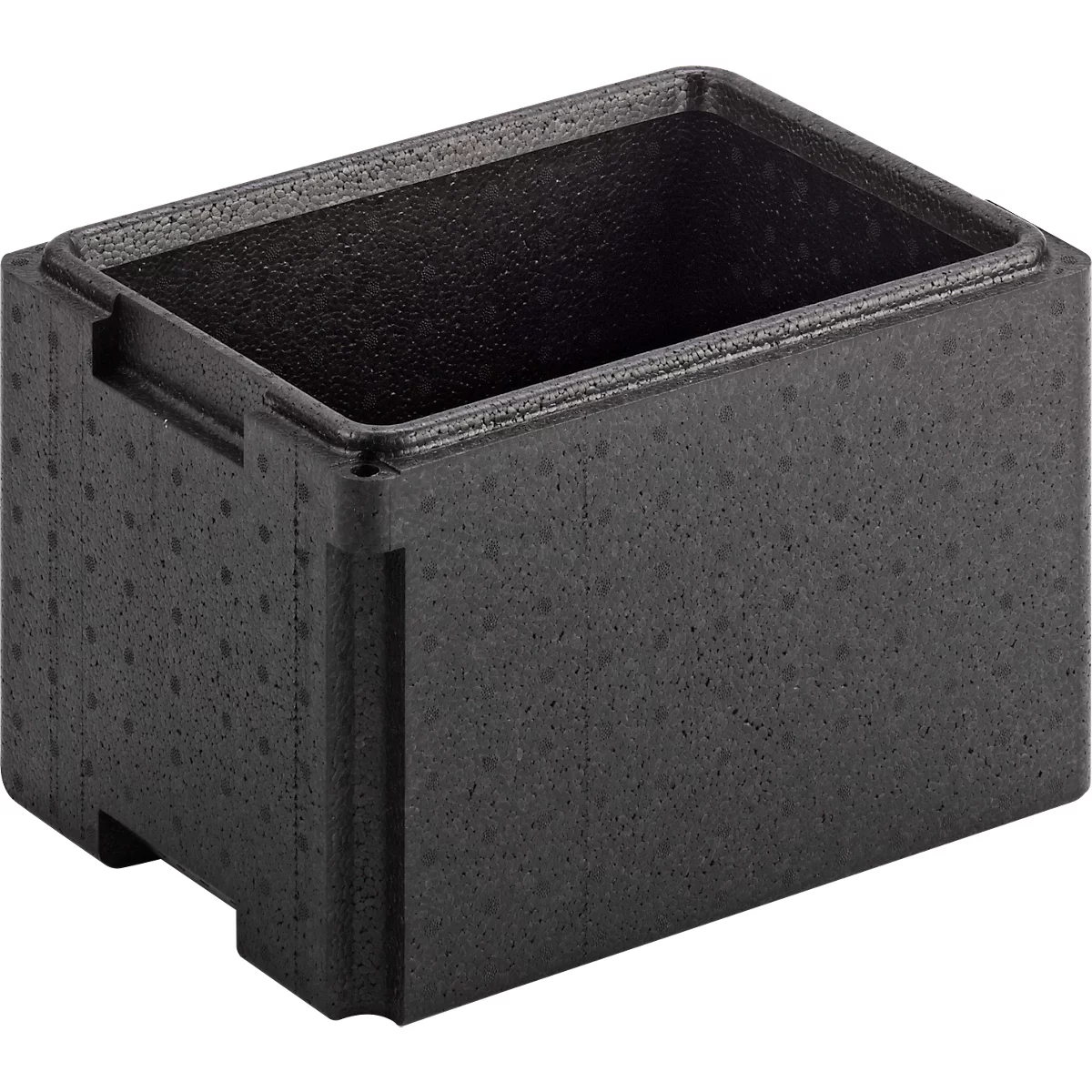 Black, rectangular box with a rough surface. The box has an open top and recessed sides. Small recesses on the sides.