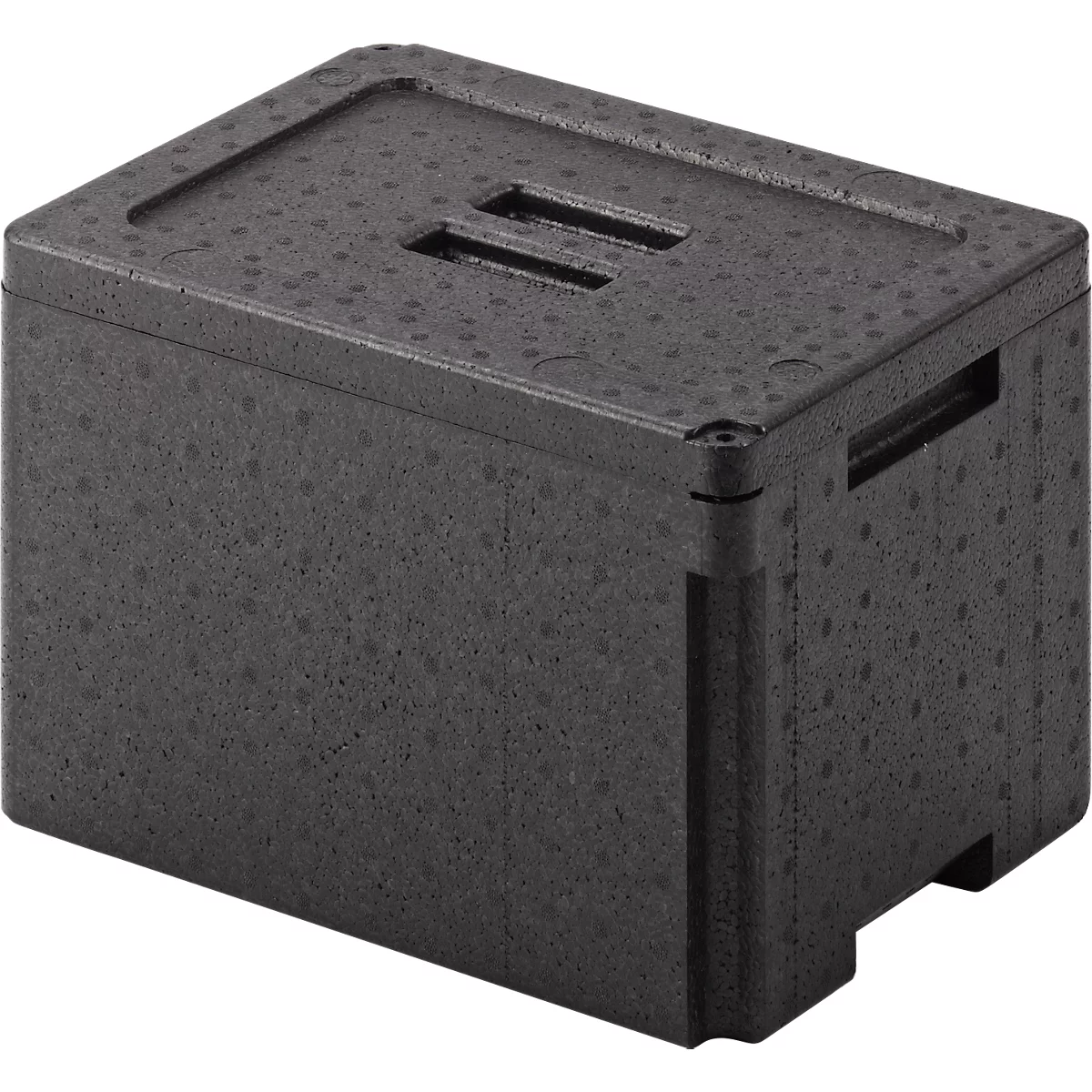 Black cooler box with lid, two recessed handles. Ribbed surface, rounded corners, side grip recess.