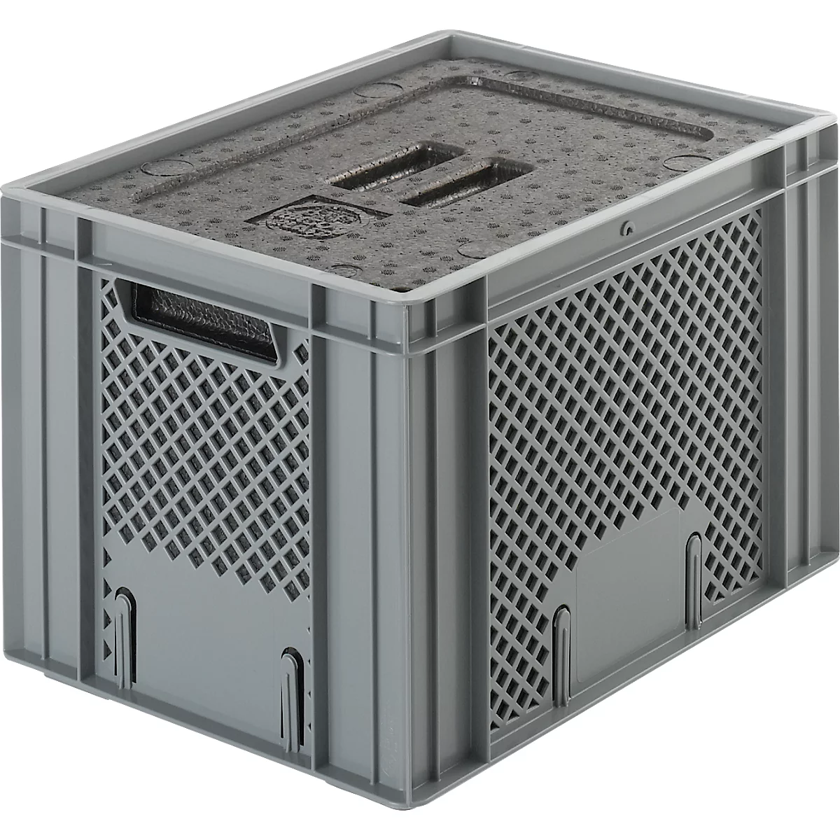 Gray plastic box with lid, grid structure and handles. Ideal for transport and storage.