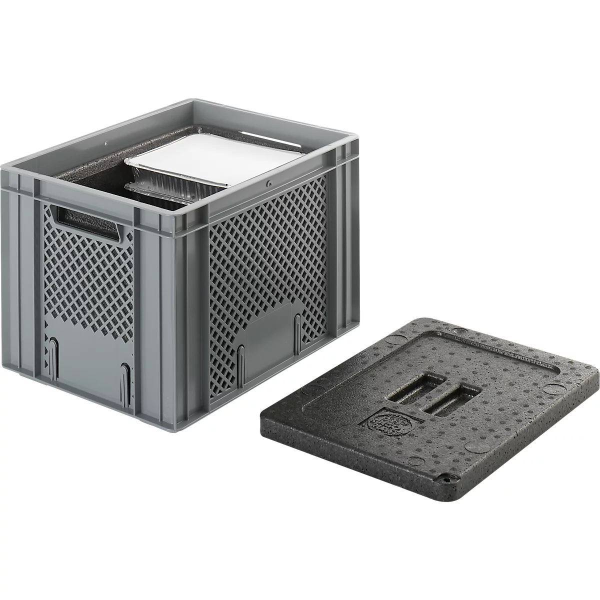 Grey transport box with lid. Box and lid are next to it. Box with contents of two white containers.