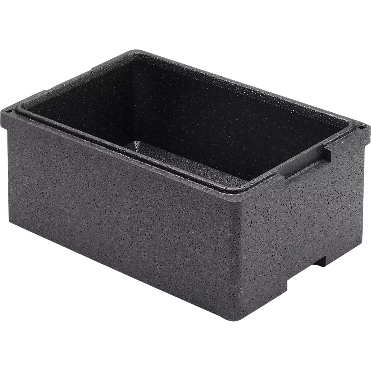 Black, rectangular plastic box with smooth top and rough texture.