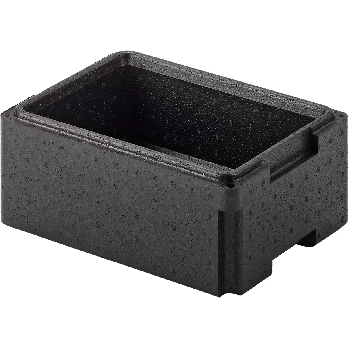 Black rectangular container with an open lid, rough surface.