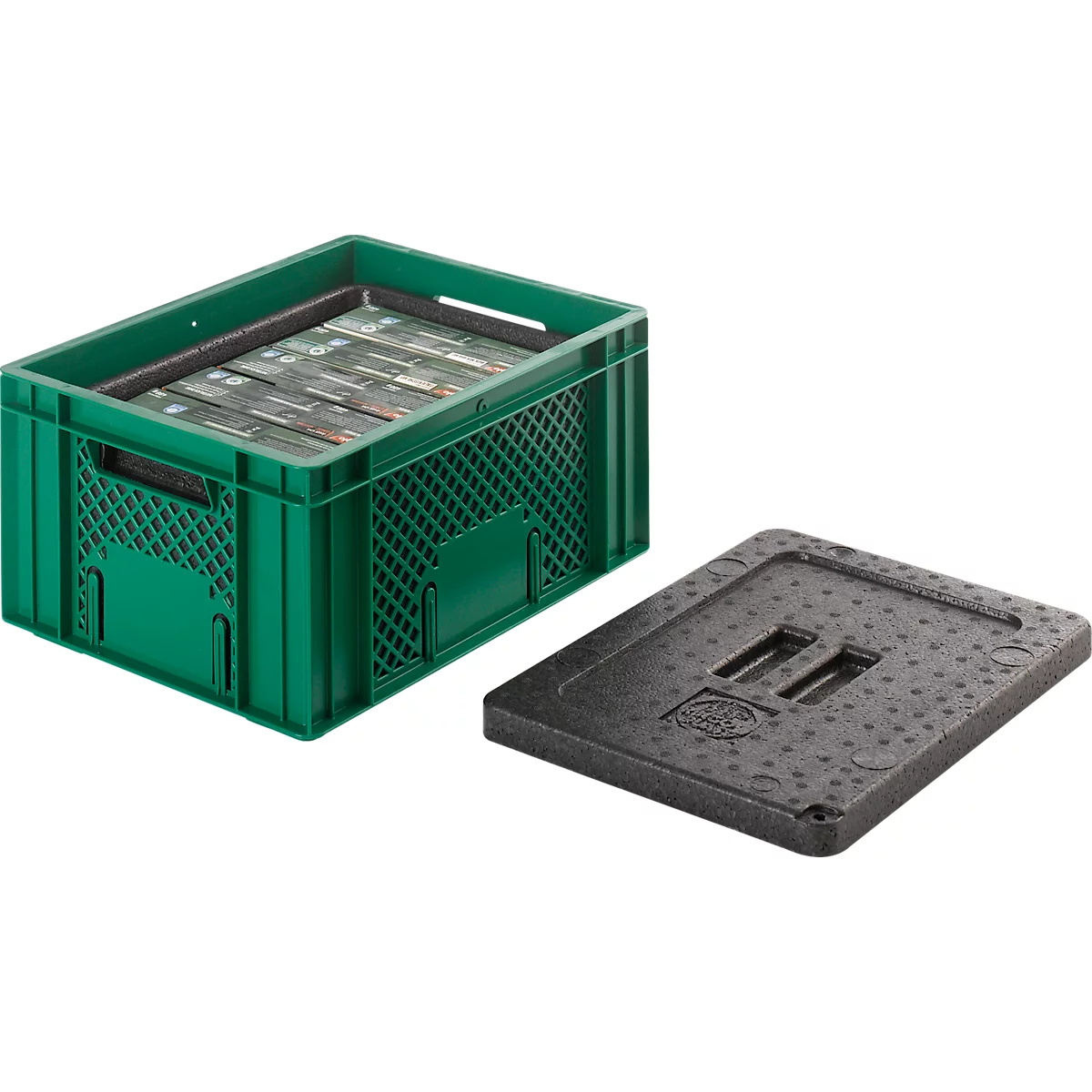 Green transport box with a black lid next to it. Products are in the box.