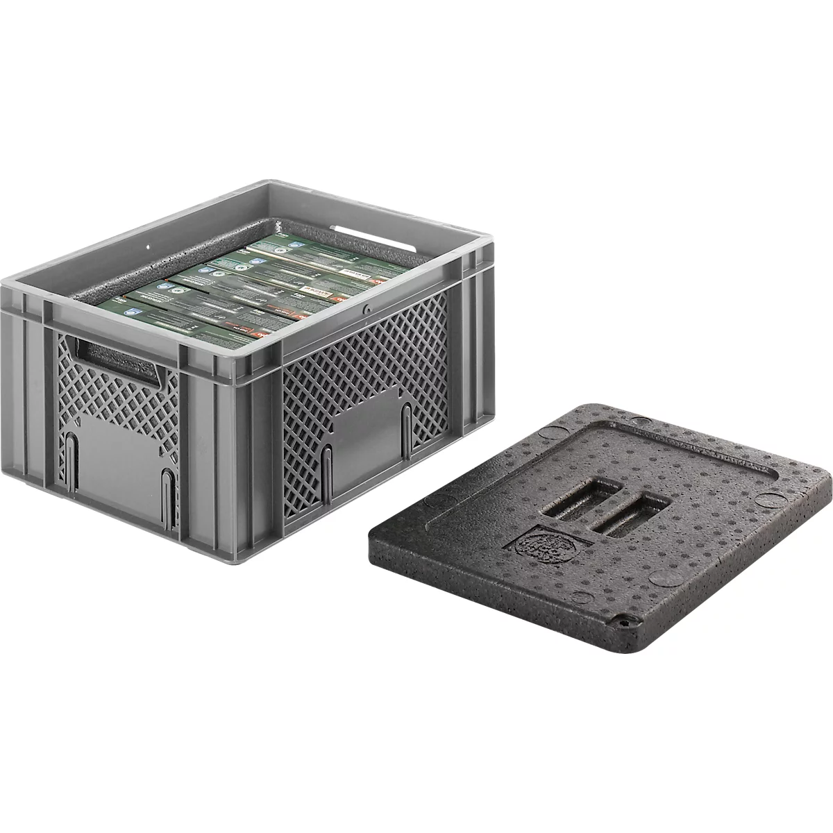 Grey plastic box with contents and a separate Styrofoam lid.