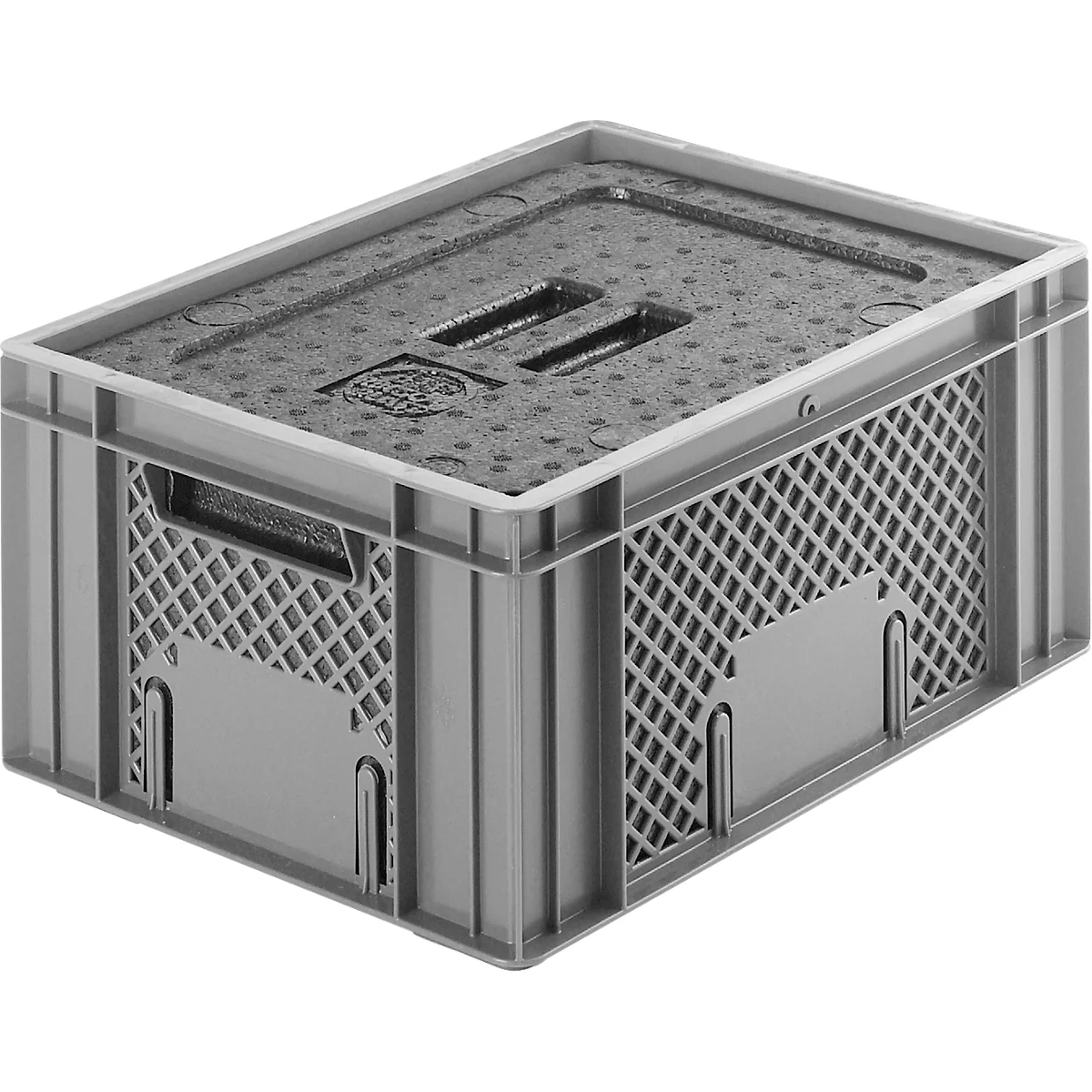 Grey plastic box with lid and handles, photographed diagonally from above.