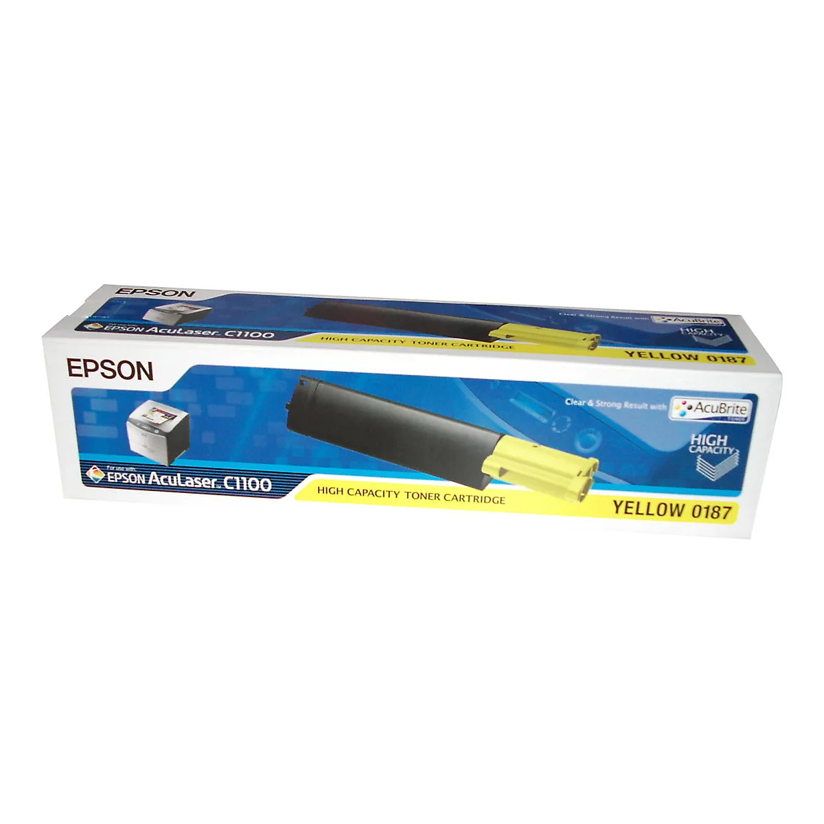 Eine Epson-Tonerkartusche in ihrer Verpackung. Die Verpackung zeigt die Kartusche und einen Drucker. Aufschrift: "Epson Aculaser C1100".
