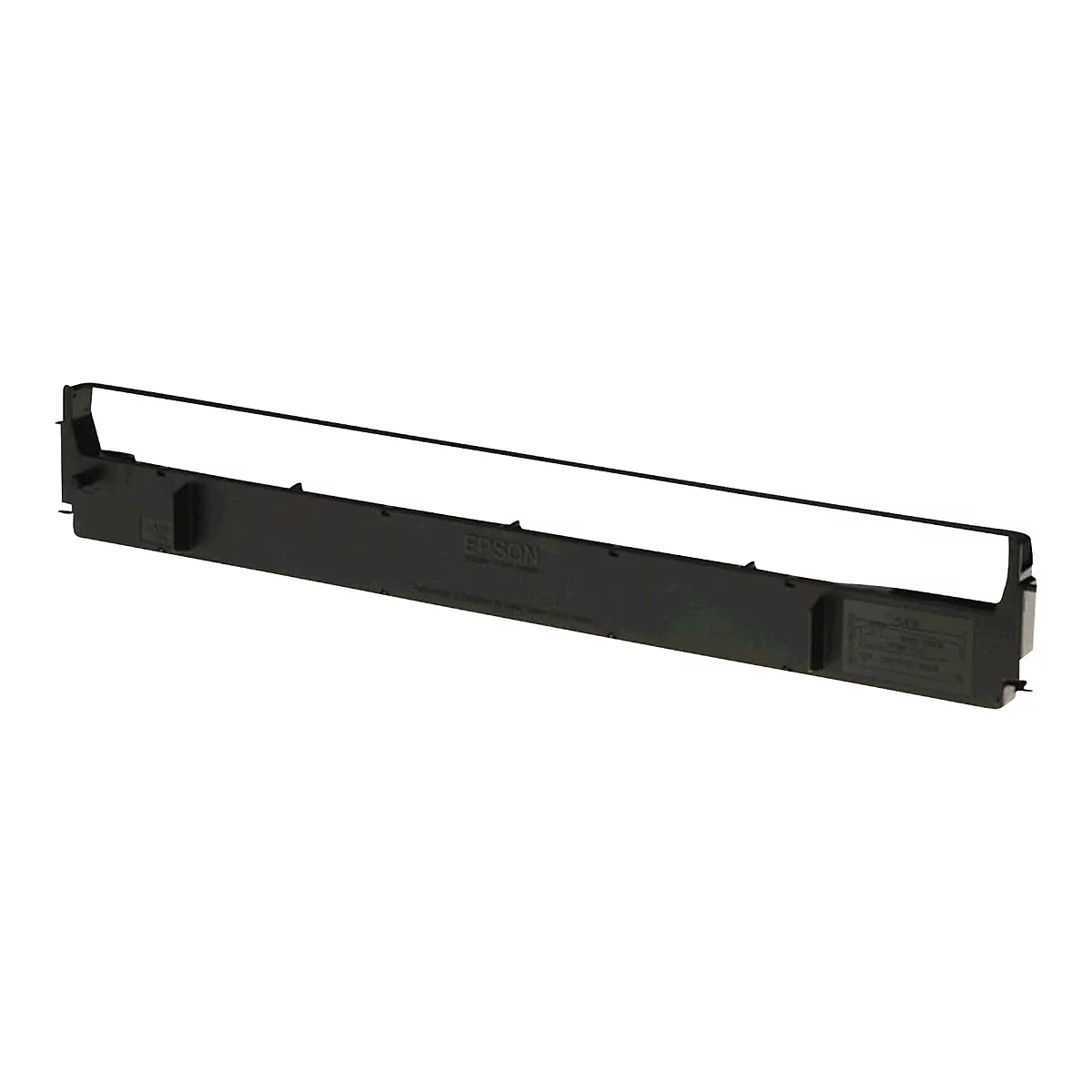 Schwarze Epson-Druckerfarbbandkassette, oben offen, auf weißem Hintergrund.