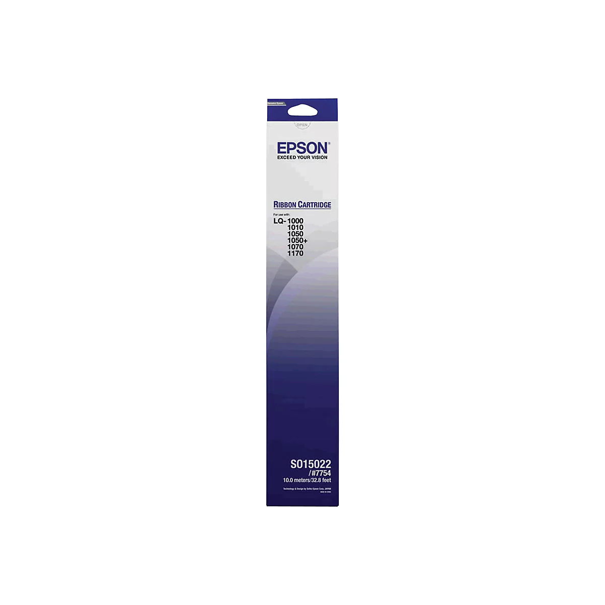 Epson Farbbandpatrone, weißes Etikett mit blauem Farbverlauf, Text und Logo, Produktabbildung.