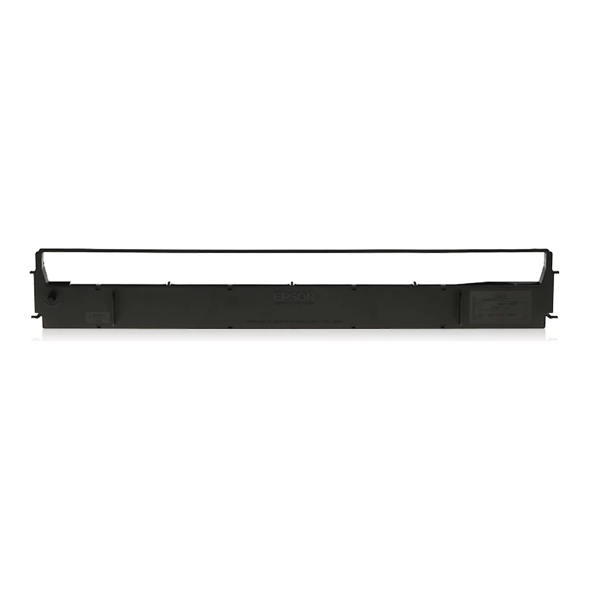 Eine schwarze Druckerfarbbandpatrone, horizontal vor weißem Hintergrund. Das Etikett zeigt den Markennamen Epson.