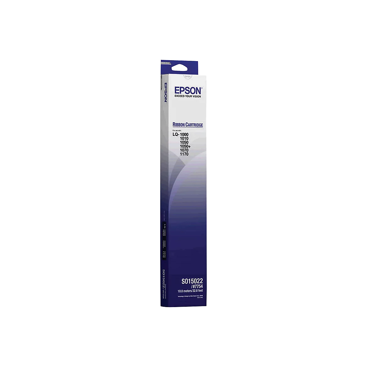 Eine längliche Epson-Tintenbandpatrone in Weiß, Blau und Schwarz vor weißem Hintergrund. Auf der Patrone sind Logos und Produktbezeichnungen zu sehen.