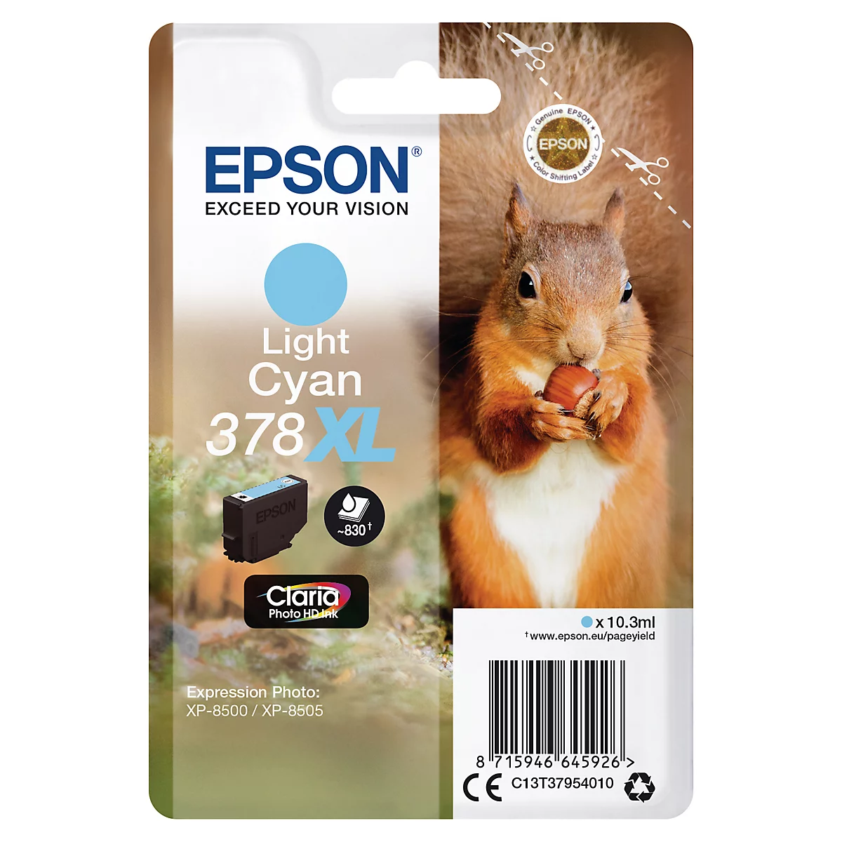 Epson Tintenpatrone, hellcyan, mit Eichhörnchen. Produktbezeichnung, Kapazität und Modellnummer sind sichtbar.