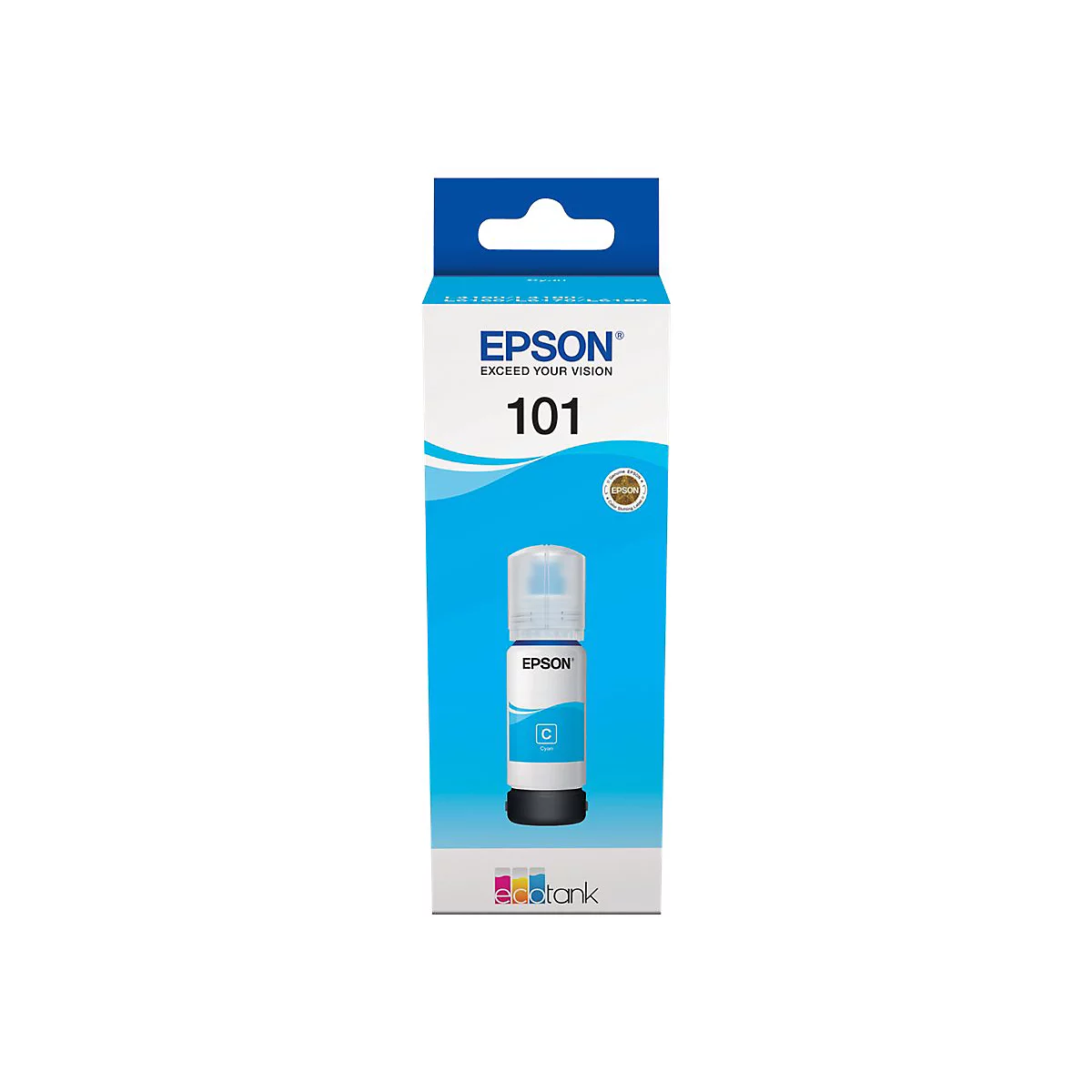 Epson 101 Cyan Tintentank-Flasche in der originalen Produktverpackung.