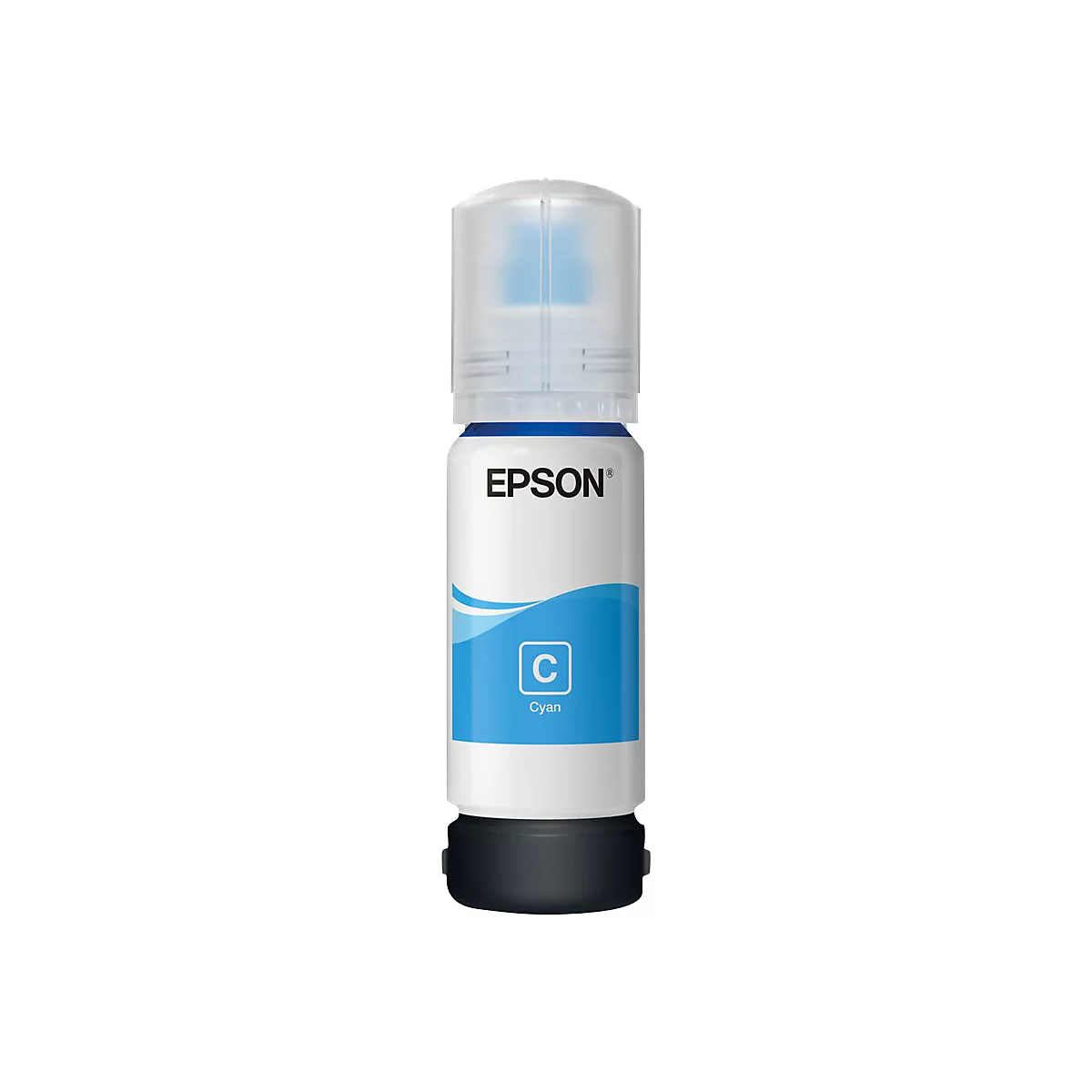 Epson Tintenflasche in Cyan mit weißem Flaschenkörper, blauem Etikett und transparentem Verschluss.