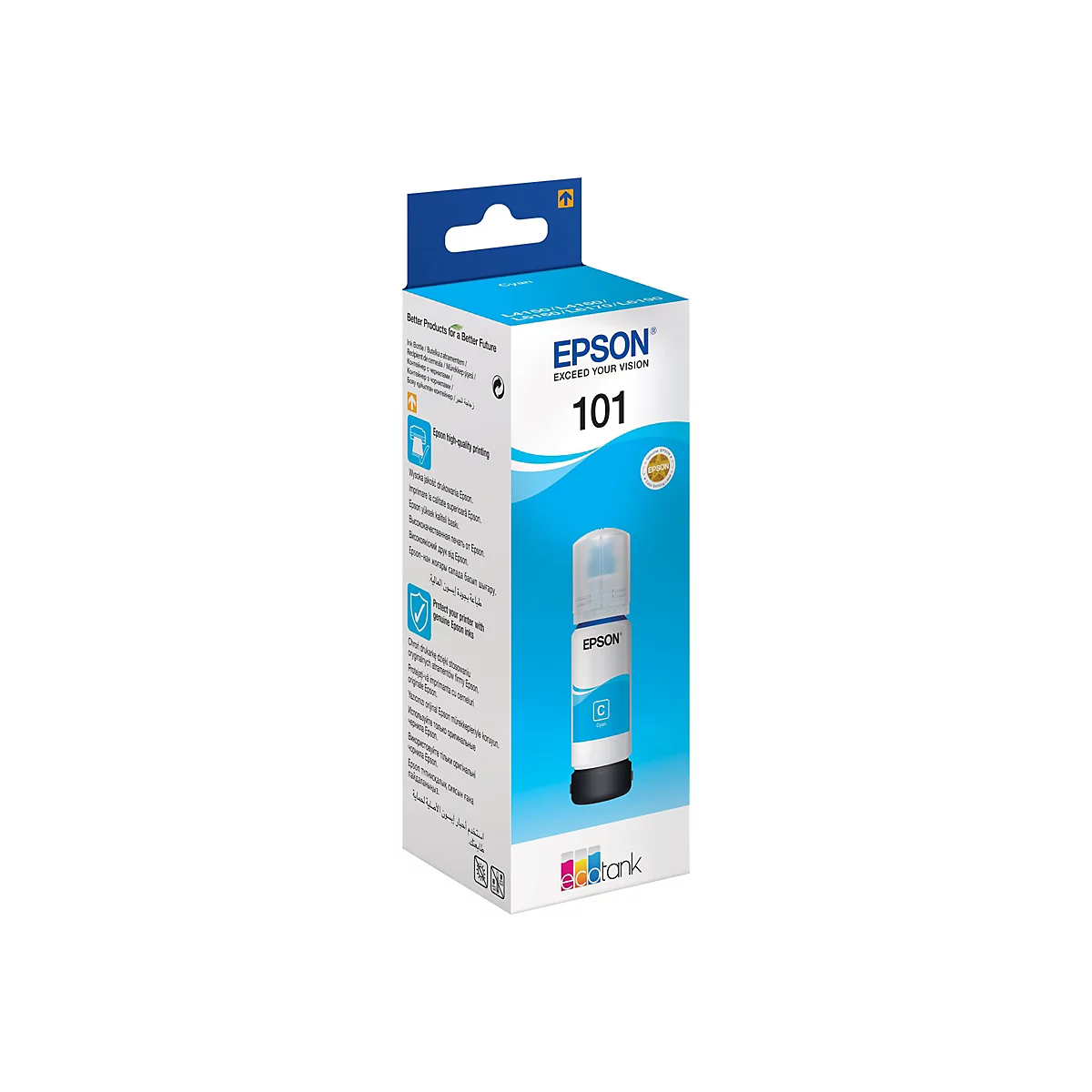 Blaue Epson 101 Tintenflasche in Originalverpackung.