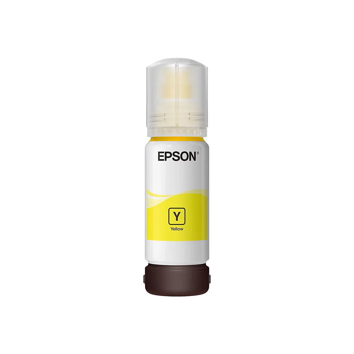 Gelbe Epson Tintenflasche mit durchsichtiger Kappe auf weißem Hintergrund.