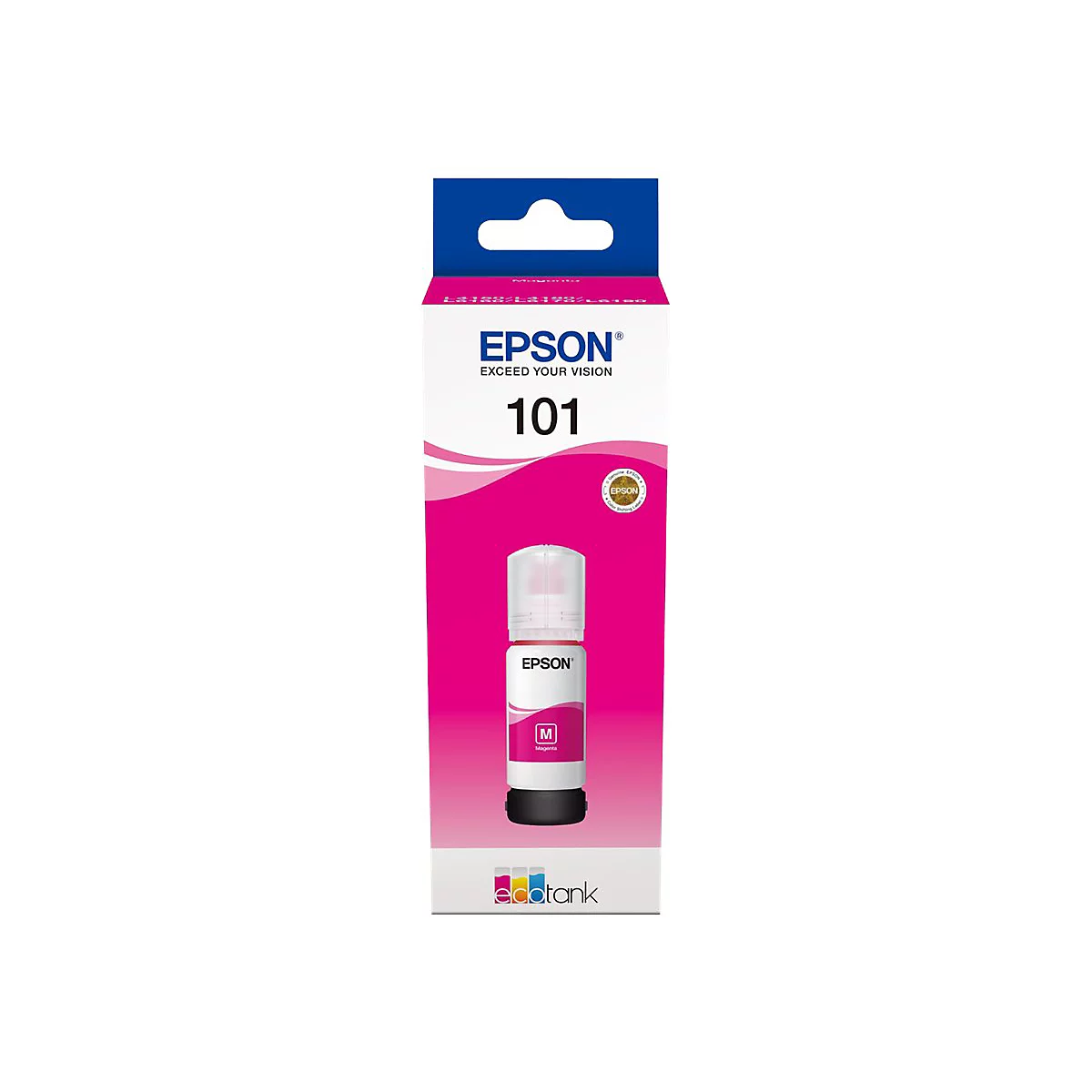 Epson 101 EcoTank Tintenflasche in Magenta, verpackt in einer weißen und pinken Schachtel.