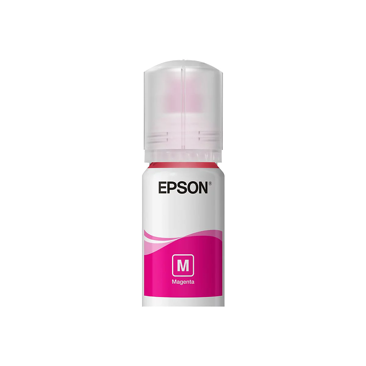 Eine Flasche Epson Magenta-Tinte mit weißem Deckel. Auf der Flasche steht "EPSON" und "Magenta".