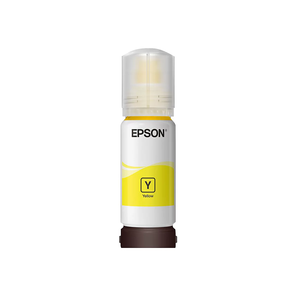 Bouteille d'encre jaune Epson, remplie d'encre jaune. Inscription : Epson, Y, Yellow.