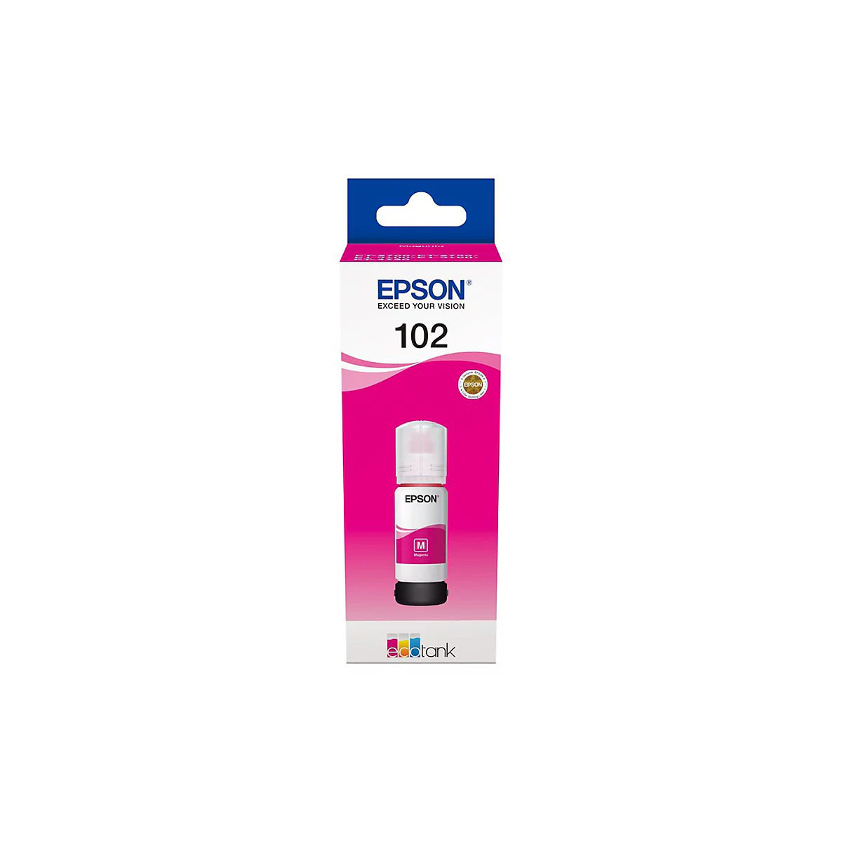 Epson Tintenpatrone in einer Verpackung mit rosa und weiÃŸem Design. Aufgedruckter Text: Epson, 102.
