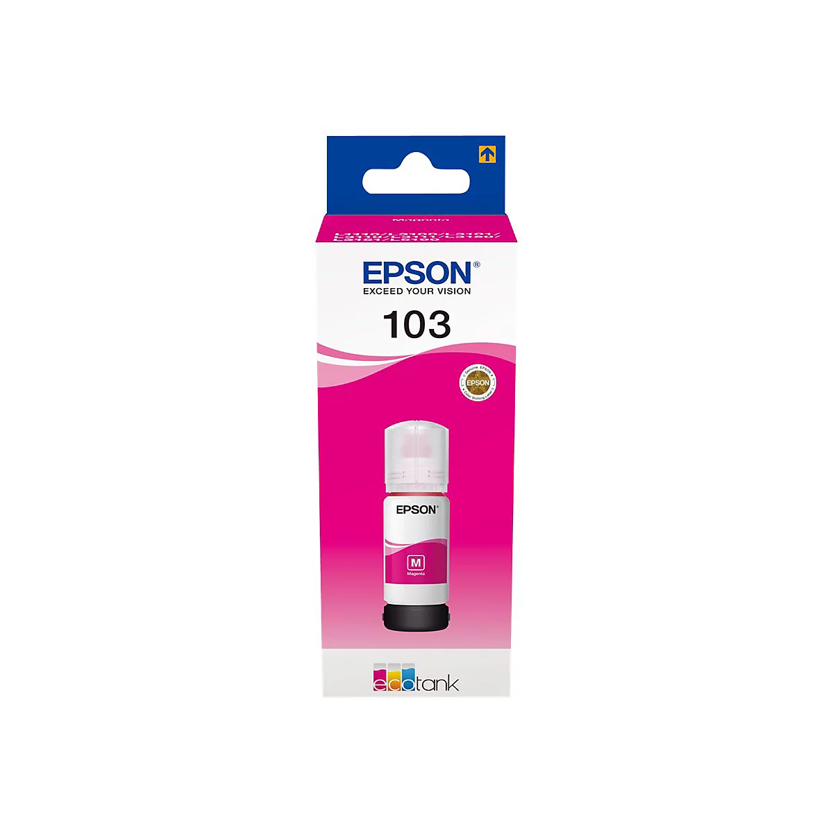 Magenta Tintenflasche und Verpackung von Epson, vor weißem Hintergrund. Mit Logo, Schriftzug und Produktbezeichnung.