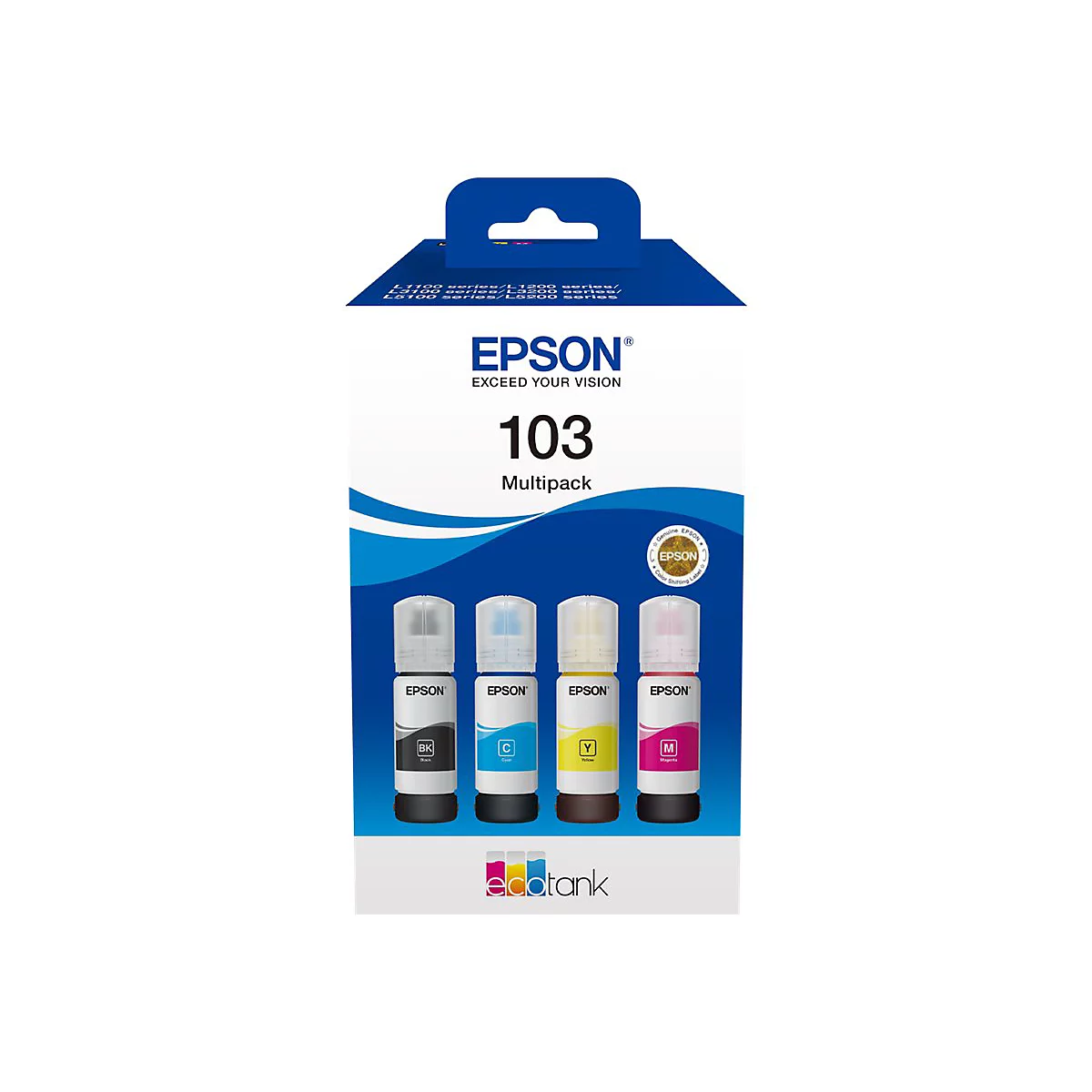 Epson Tintenflaschen-Multipack 103, vier Farben. Schwarz, Cyan, Gelb, Magenta in Flaschen verpackt, vor blau-weißem Hintergrund.