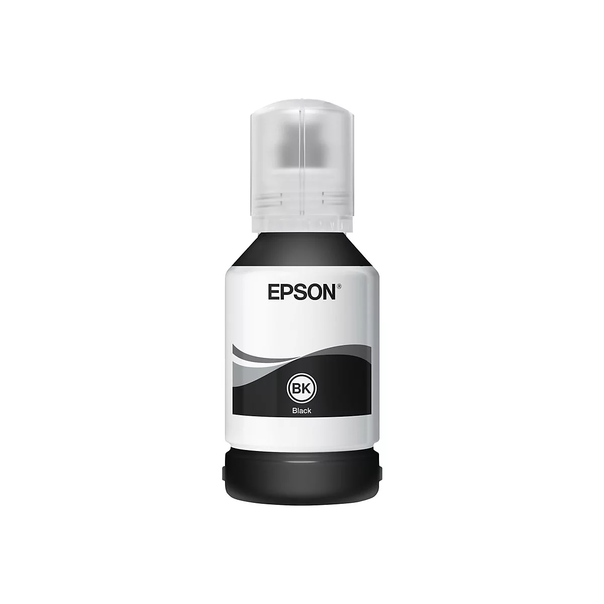 Schwarze Tintenflasche der Marke Epson. Die Flasche ist in Schwarz und Weiß gehalten und trägt den Schriftzug "Epson Black".