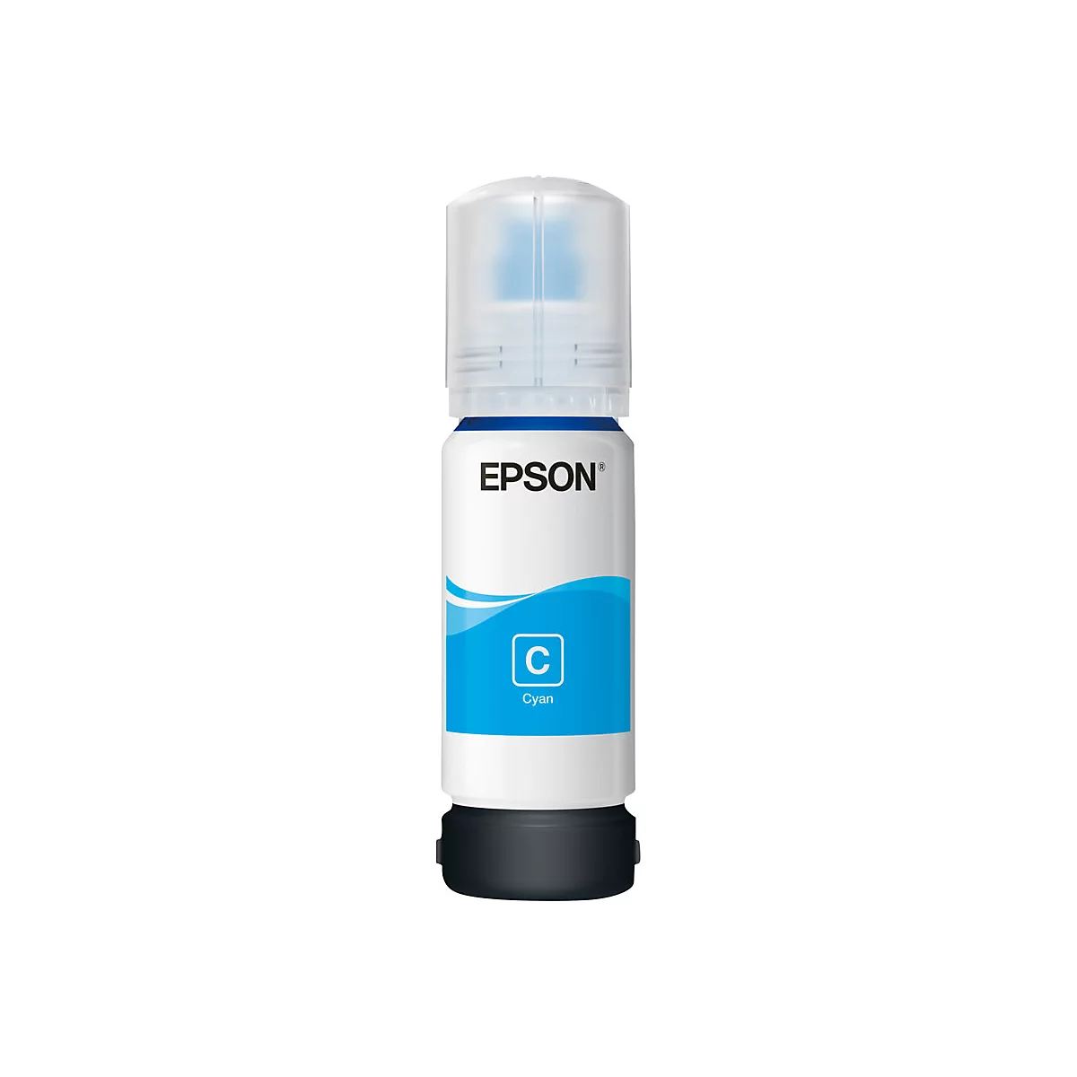 Zylinderförmige Cyan-Tintenflasche mit weißem Hintergrund. Der Schriftzug "EPSON" und die Farbe "Cyan" sind deutlich sichtbar.