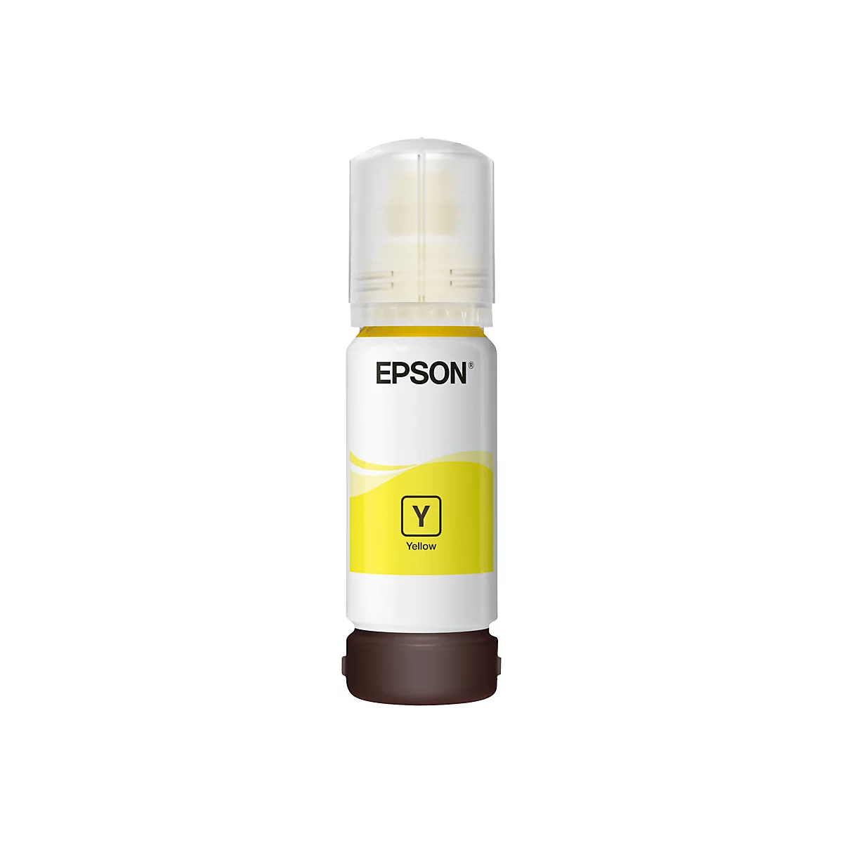 Gelbe Epson Tinte-Flasche mit gelber Kennzeichnung und dem Buchstaben Y. Der Deckel ist transparent.