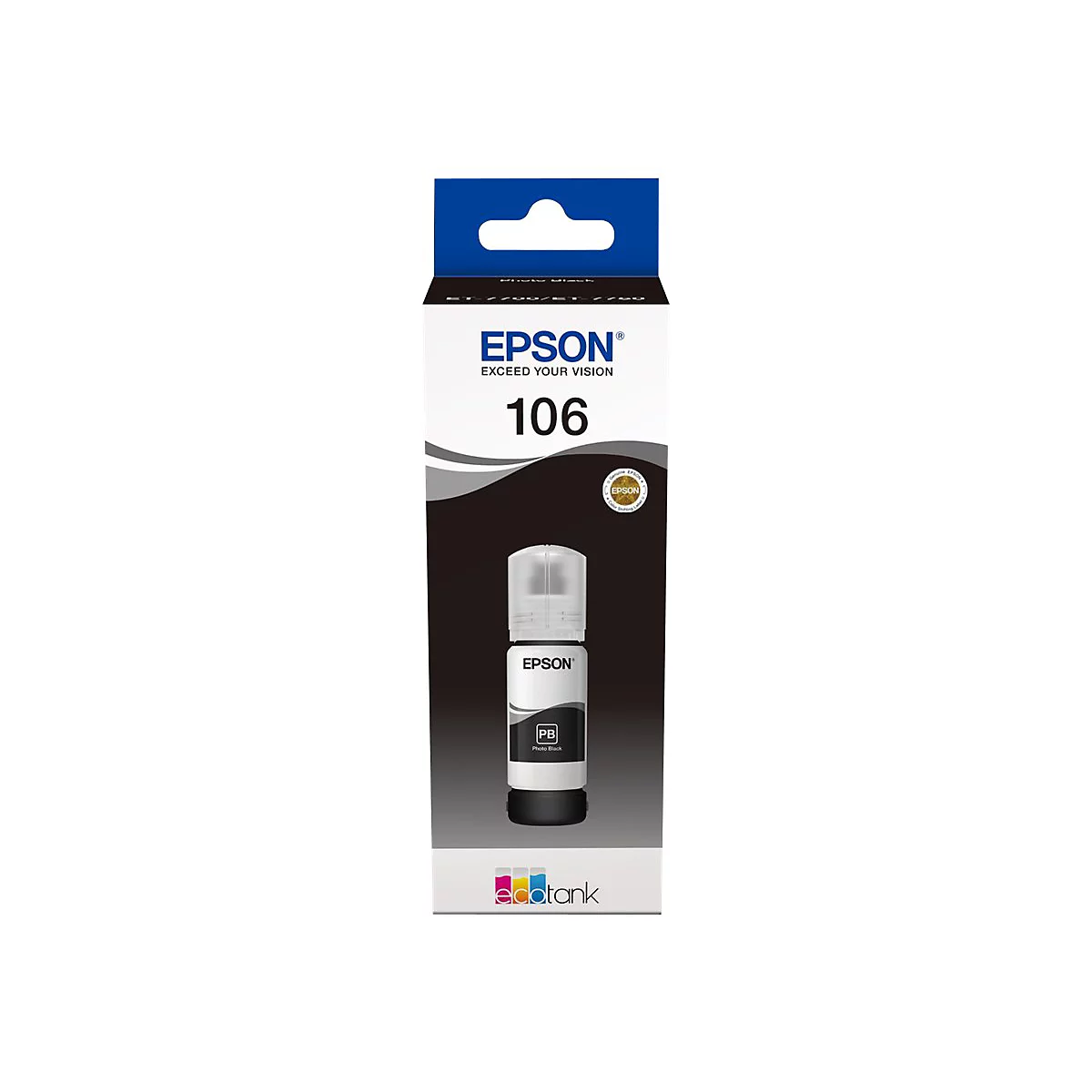 Flacon d'encre Epson 106 dans son emballage, noir.