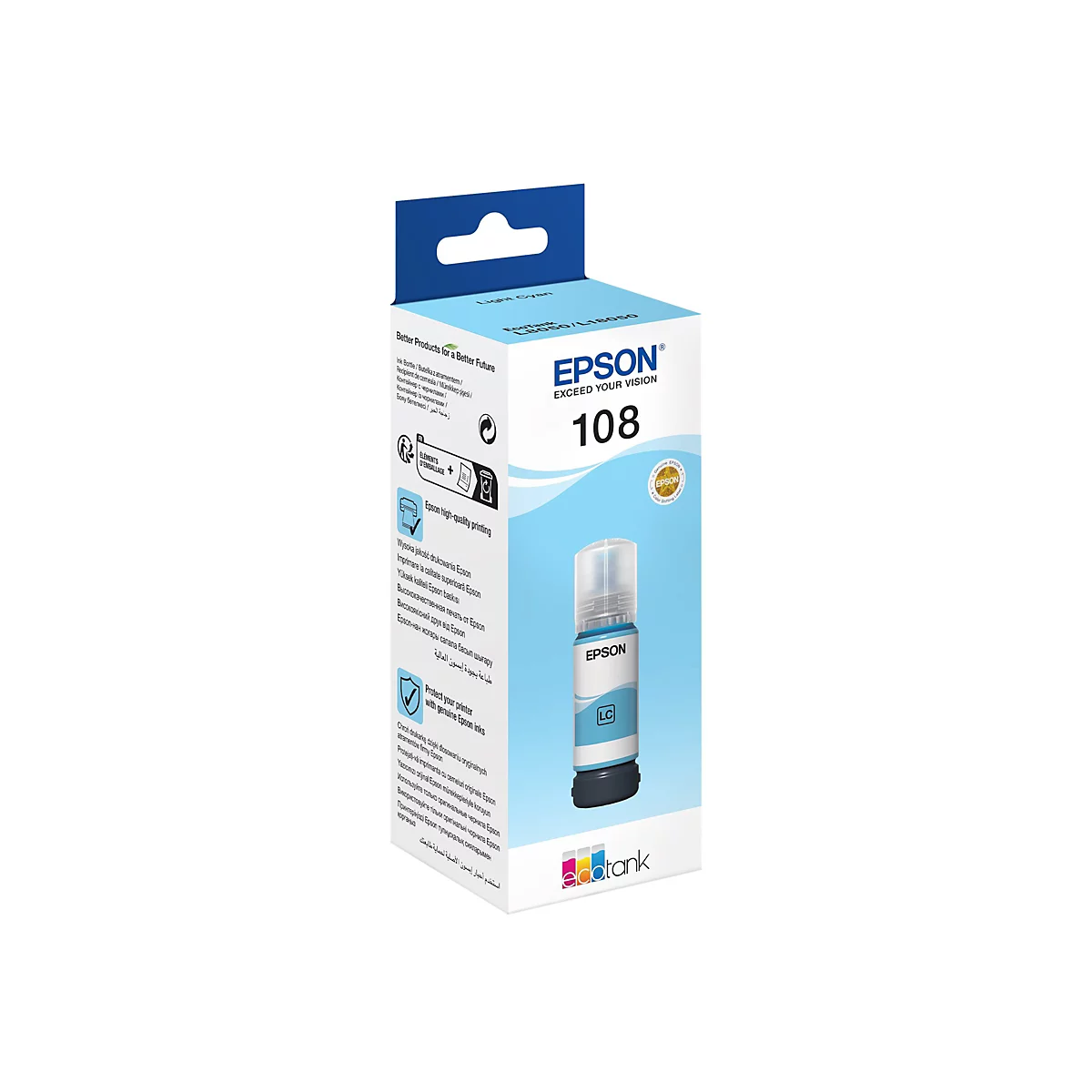 Eine Epson Tintenflasche "Light Cyan" in einer Verpackung. Die Verpackung ist weiß und blau, mit dem Epson-Logo und der Produktnummer 108. Daneben ist die Tintenflasche zu sehen.