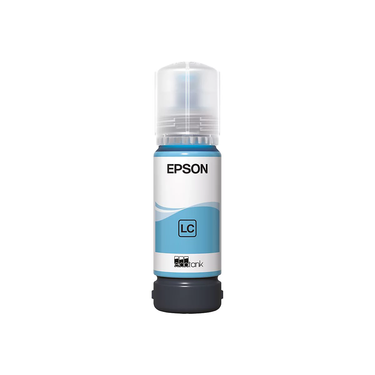 Blaue Epson-Tintentankflasche mit weißem Etikett und dem Schriftzug "EPSON".