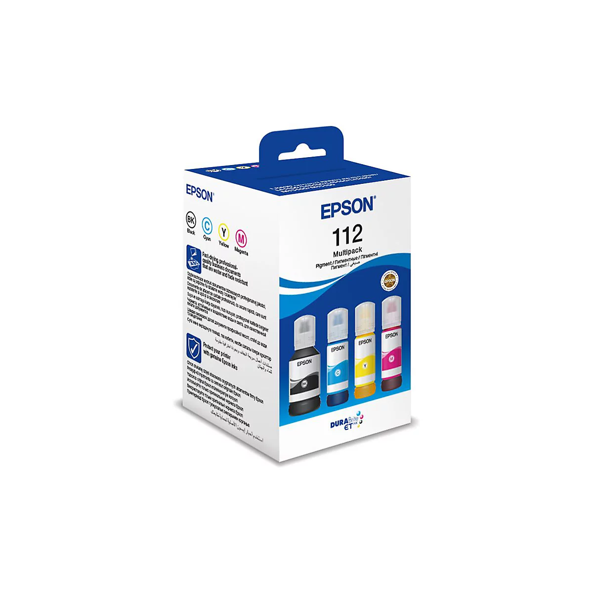 Ein Epson Tintenpatronen-Multipack. Die Box zeigt die Farben Schwarz, Cyan, Gelb und Magenta. Auf der Box steht Epson 112.