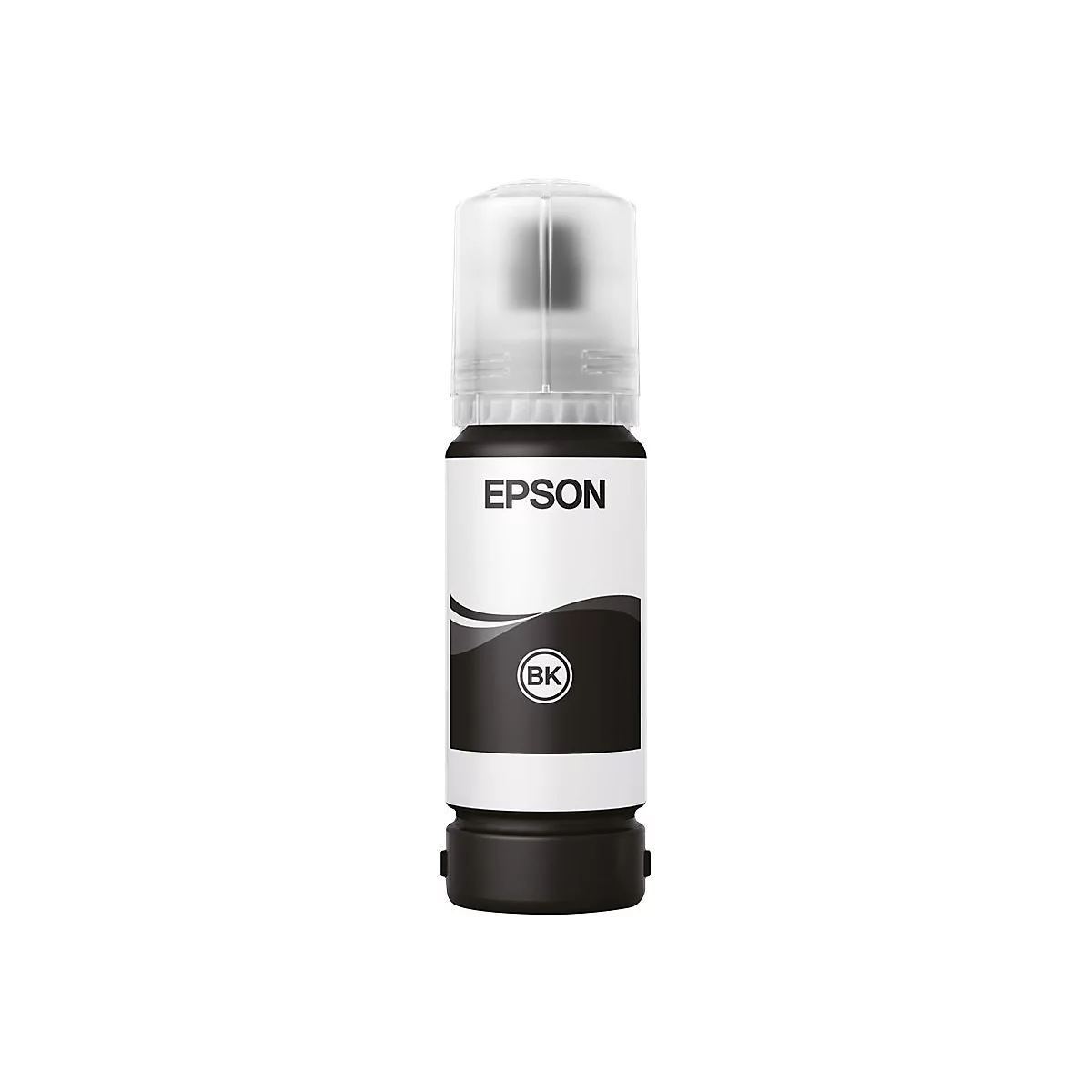 Schwarze Epson-Tintenflasche mit weißem Etikett und Logo.