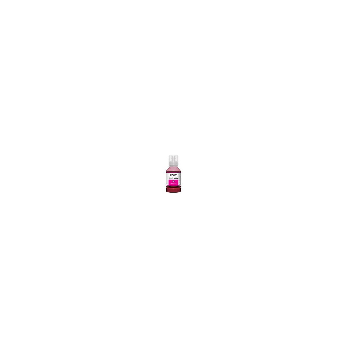 Eine Flasche magenta-farbener Tinte mit dem Aufdruck „EPSON“. Auf weißem Hintergrund isoliert.