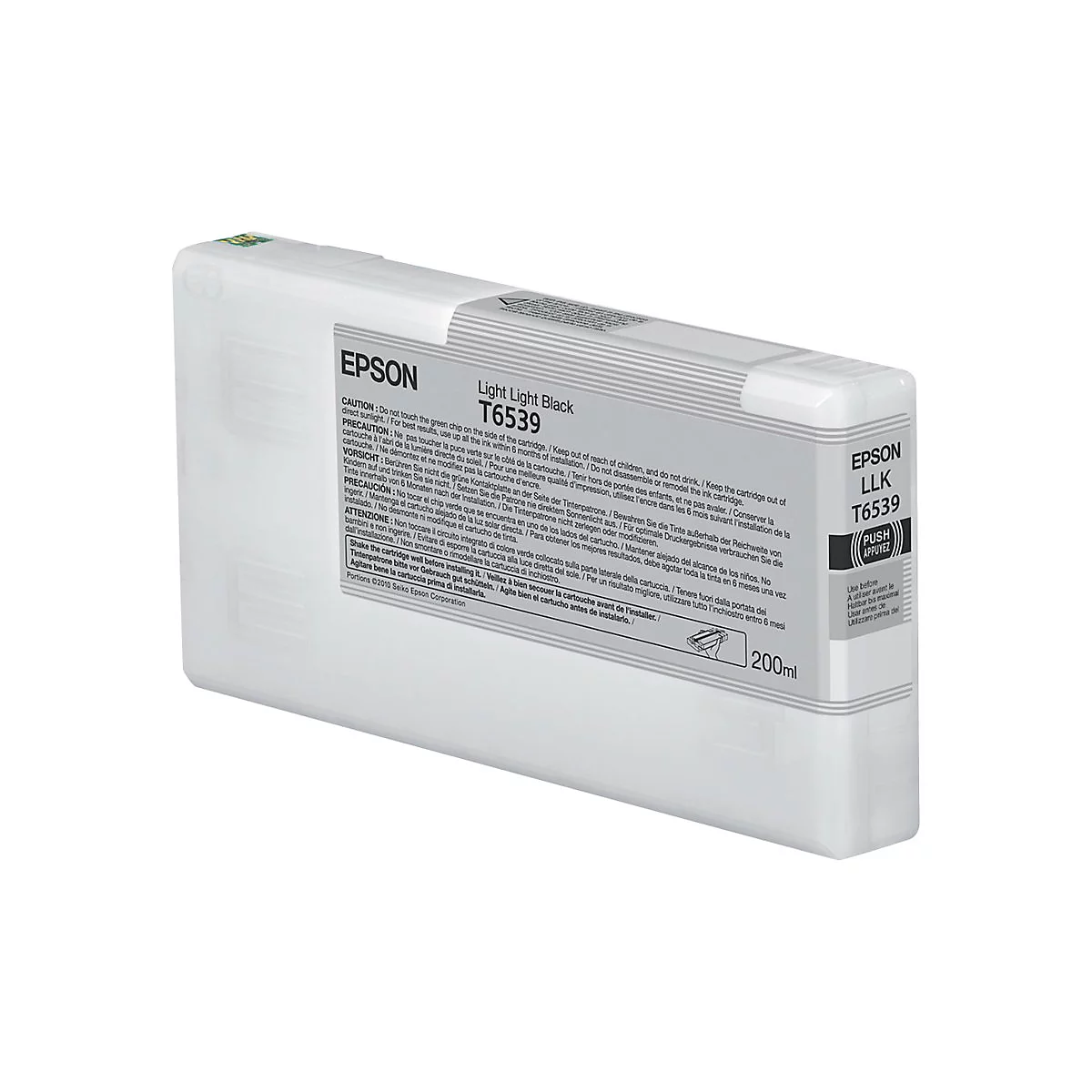 Eine weiße Epson Tintenpatrone, Modell T6539, mit Text und Warnhinweisen aufgedruckt. Auf der Patrone ist ein roter Push-Knopf zu sehen.